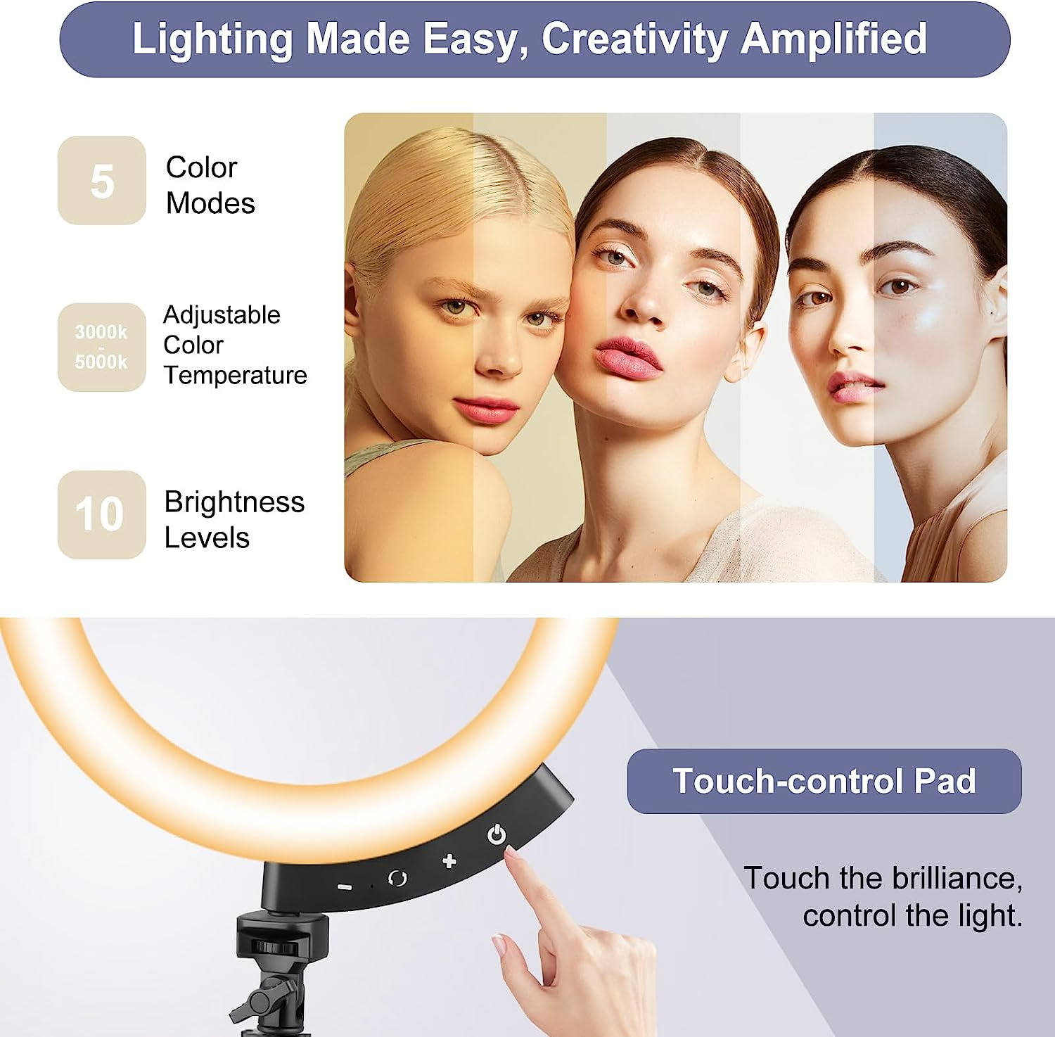 Sensyne Newest 12" Ring Light with 62" Tripod Stand, LED Selfie Circle Light with Strong Magnectic Phone Holder Compatible with Cellphones for Live Stream/Recording/Photography/Youtube/Tiktok image number 5