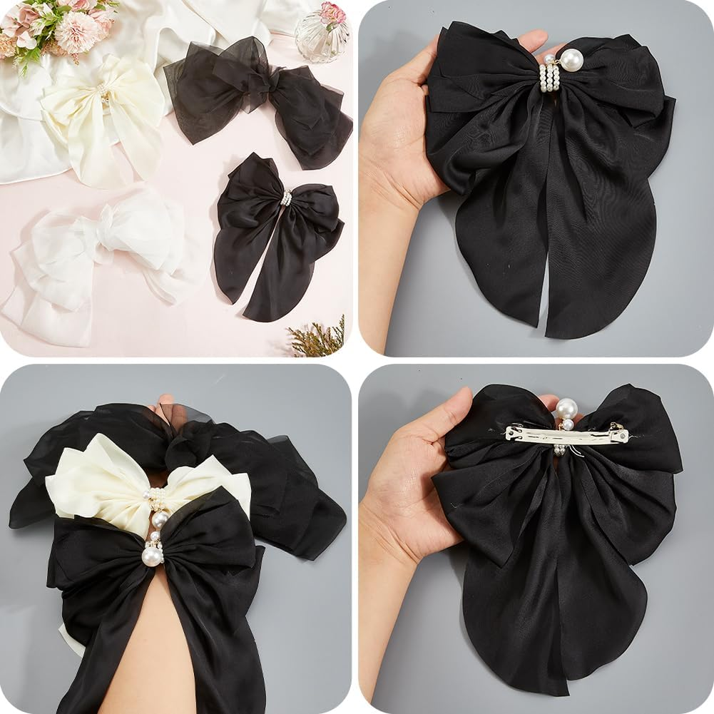 SOFPLATE 4 Pieces 4 Styles Black Hair Clips with Bow Coquette Hair Clips with ABS Plastic Colourful Fabric Large Bow Aesthetic Alligator Hair Clips Accessories for Short and Long Hairstyles DIY