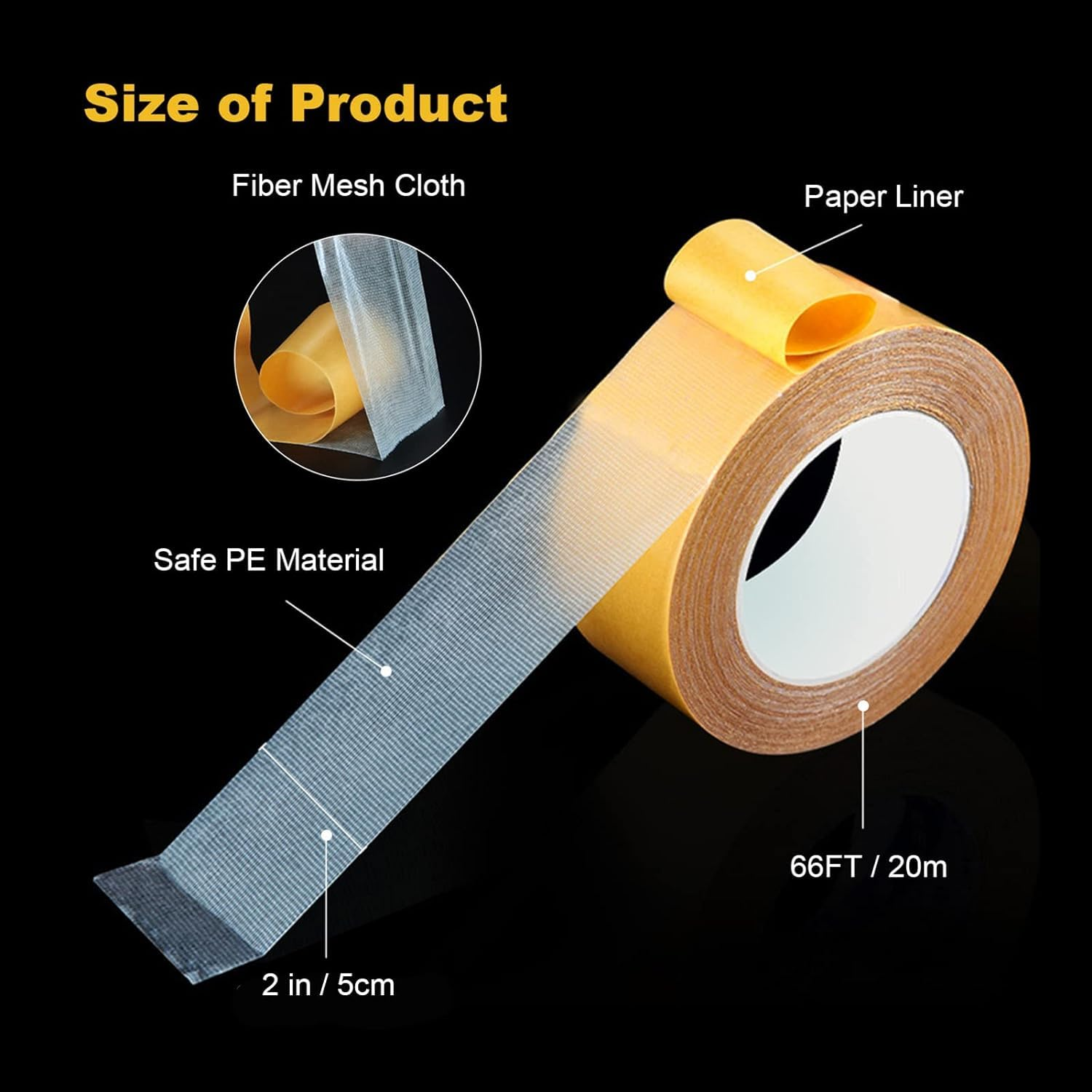 Double Sided Tape Heavy Duty, Universal High Tack Strong Wall Adhesive with Fiberglass Mesh, Super Sticky Resistente Clear Tape, Easy Use Mounting Tape - 2Inx66Ft(20M) image number 3