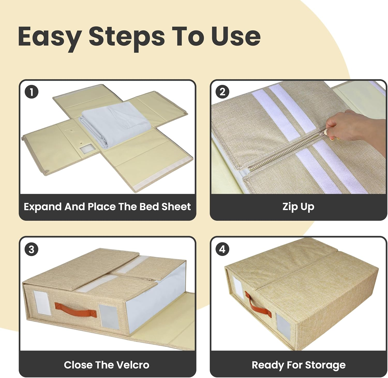 4Pcs Bed Sheet Organizer - Linen Storage Bedding Wardrobe Organizer Box with Zip for Sheets (King & Queen Size)-Duvet Covers-Home Storage & Organisation (Beige) image number 5