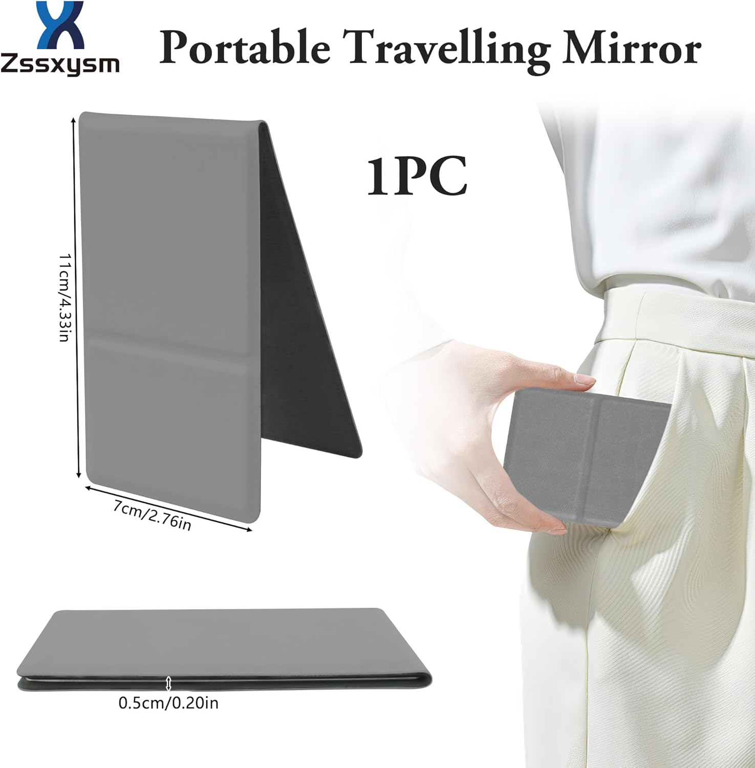 Zssxysm Compact Mirror, Travel Mirror, Small Hand Mirror with Cortical Shell, Ultra Thin Makeup Mirror, Portable Cosmetic Mirror for Travel, Camping & Makeup, 11 X 7 Cm - Gray image number 3