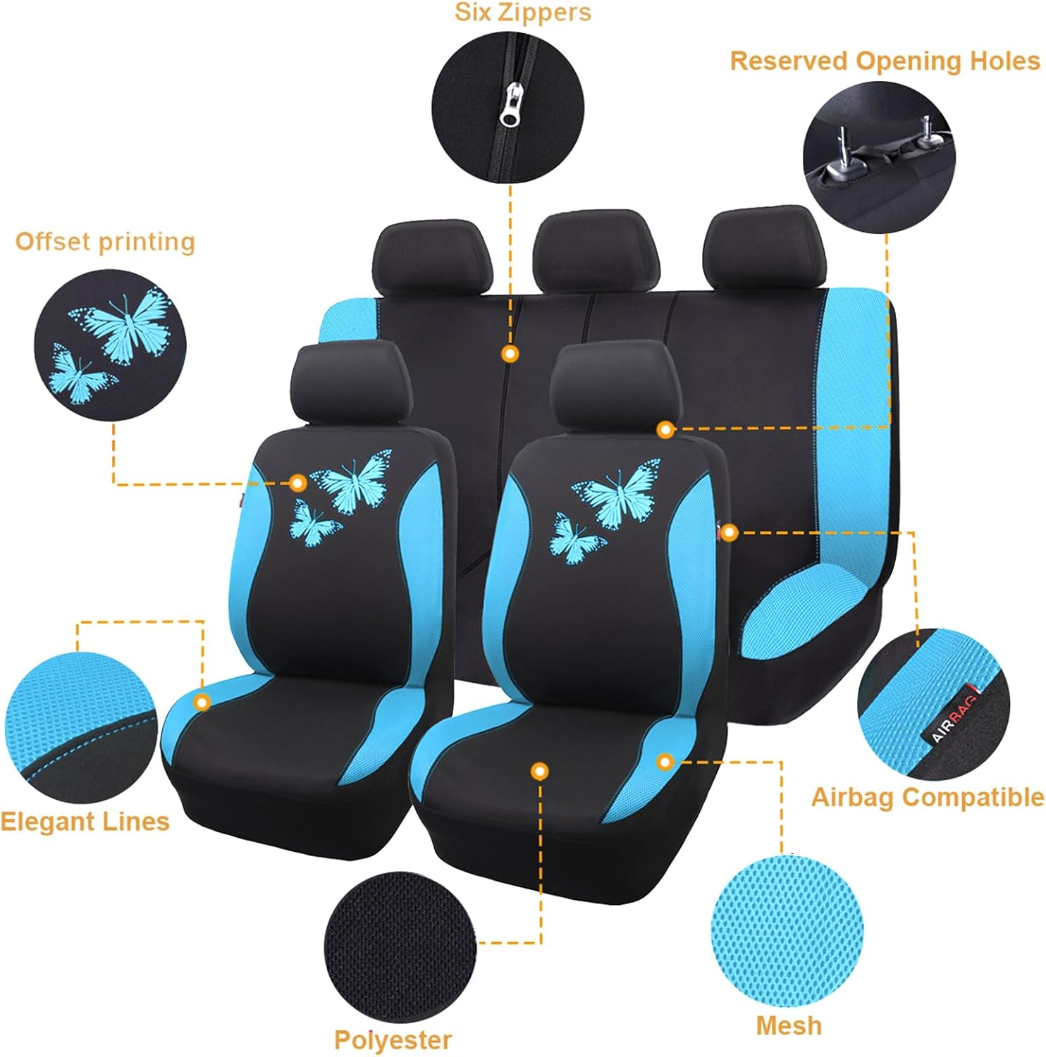 Flying Banner Butterfly Car Seat Covers Full Set Fashion Universal Lady Woman Female Rear Bench Split Colorized (Full Set, Mint Blue) image number 1