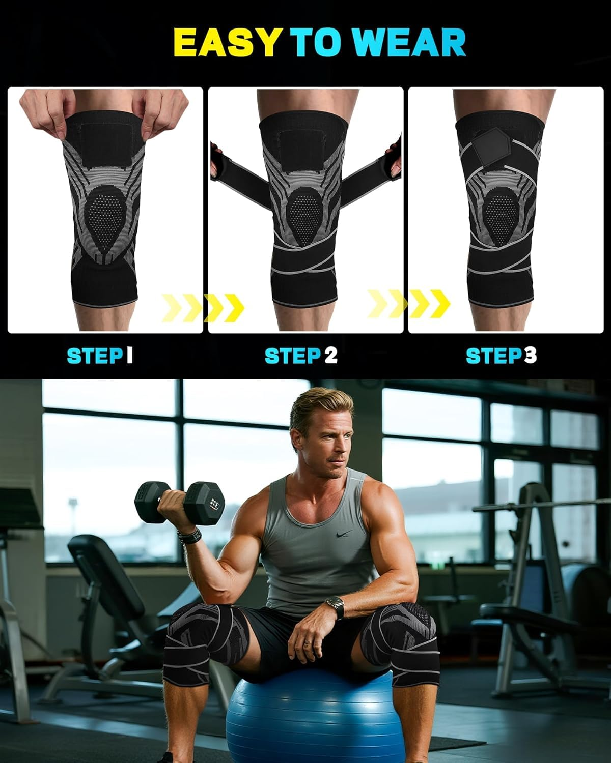 Knee Brace， Compression Knee Pad for Pain Relief, Patellargel Pad,Joint Knee Support for Meniscus Tear,Arthritis,Acl,Mcl,Run,Cycling,Hiking (L) image number 3