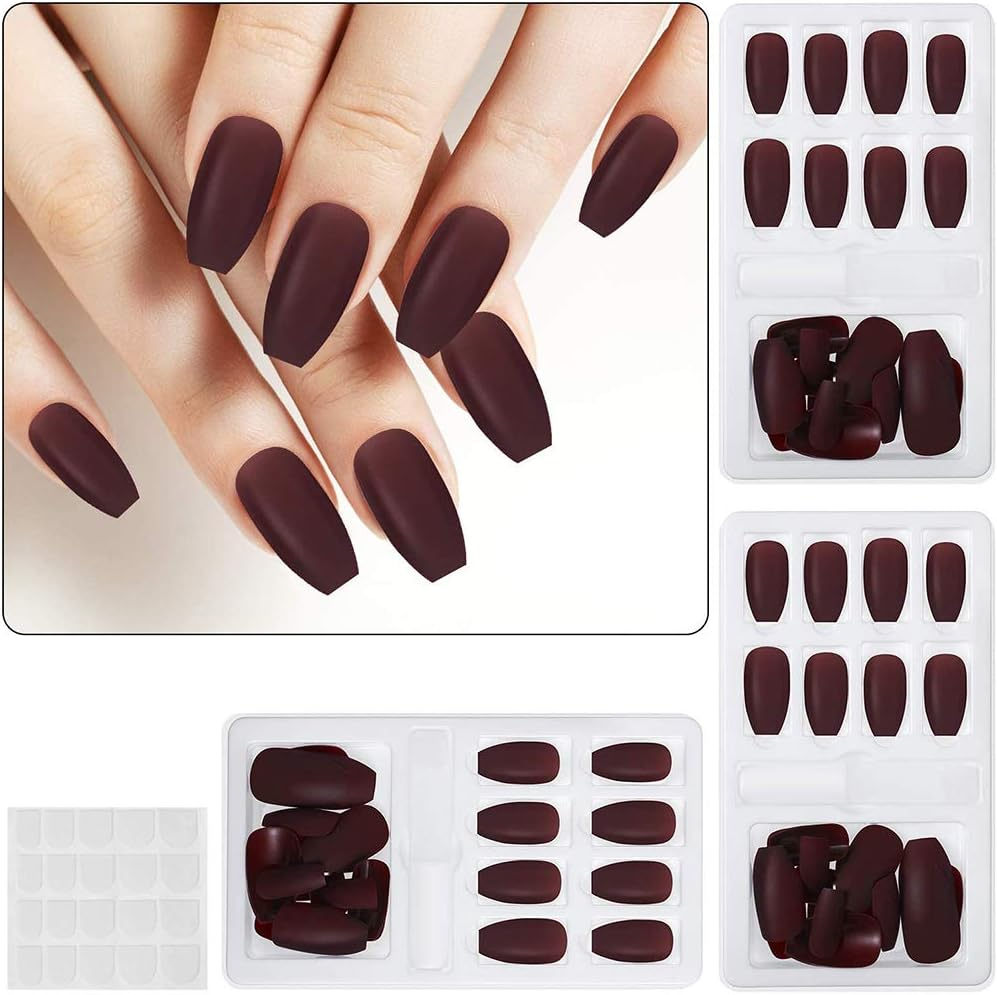 72Pcs 3 Boxes False Nails Matte Fake Nail Tip Kit Fingernail Long Medium Wine Red Full Cover
