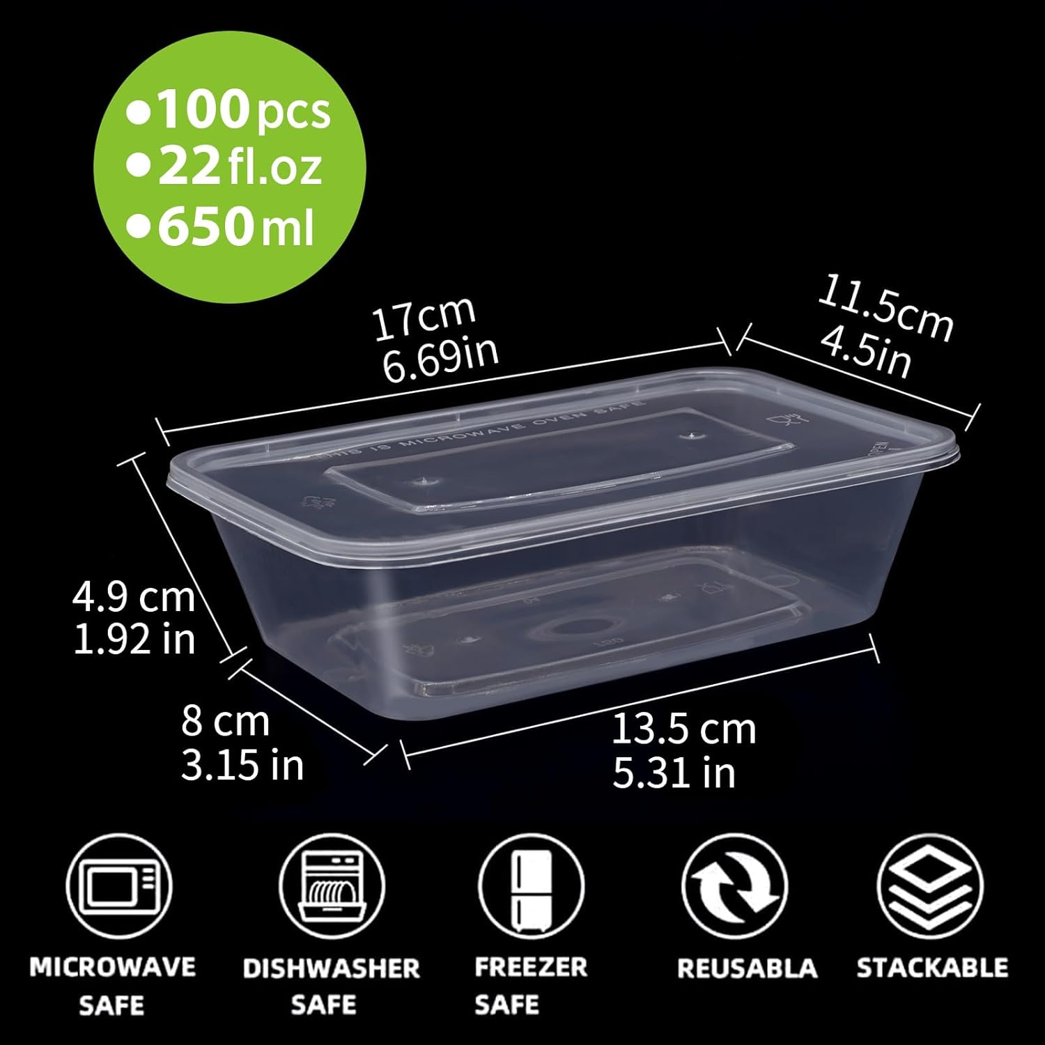 100 Pack Plastic Food Containers Disposable with Lids, 650Ml, 17Cm X 11.5Cm X 4.9Cm, Microwave, Freezer Safe, Thickened Stackable Meal Prep Containers - Clear, Bpa-Free Food Containers for Storage image number 2