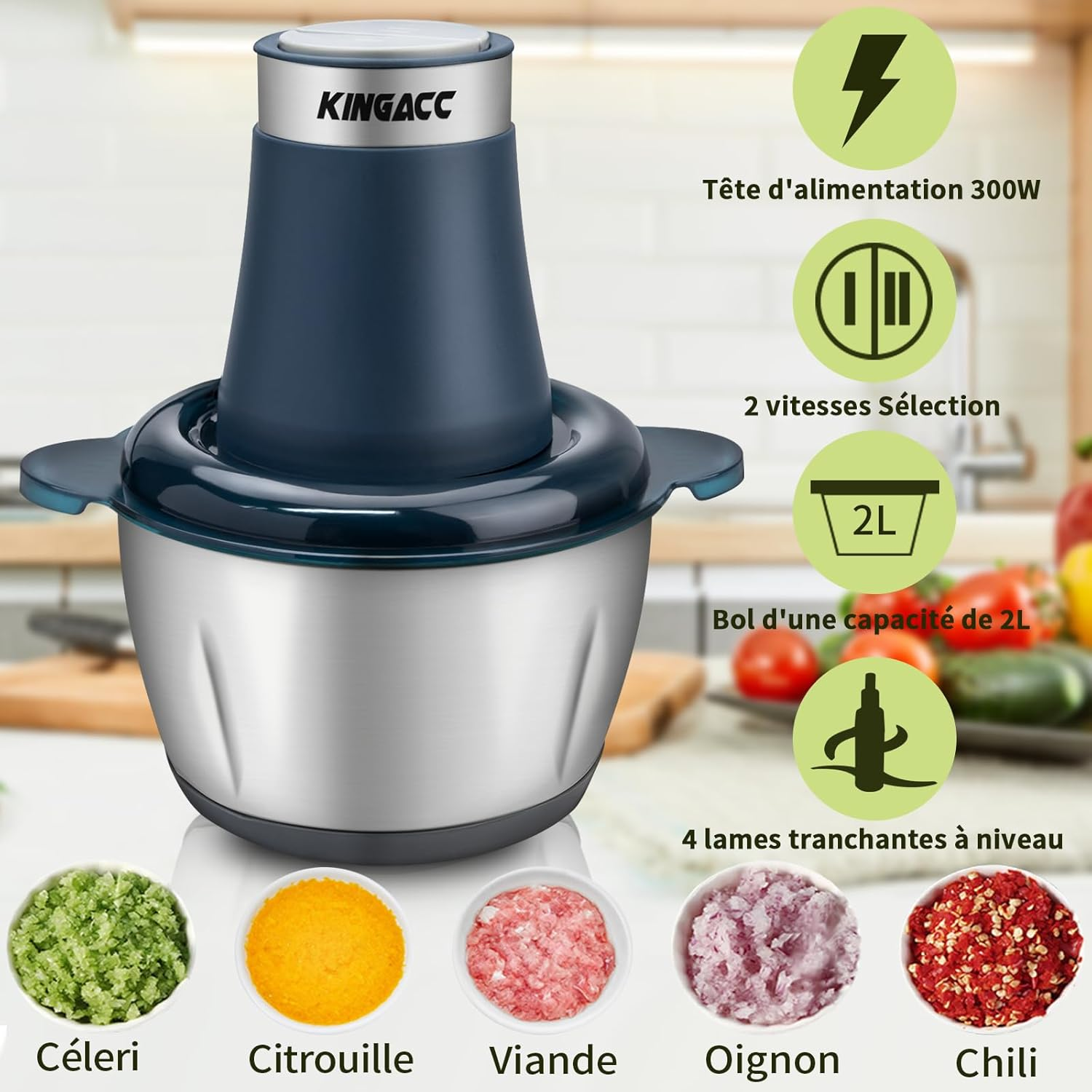 Electric Chopper, 300W Blender Chopper 2L with Copper Motor & Stainless Steel Bowls, 4 Removable Blades, 2 Adjustable Speeds Food Processor for Meat/Vegetables/Fruits/Kitchen image number 1
