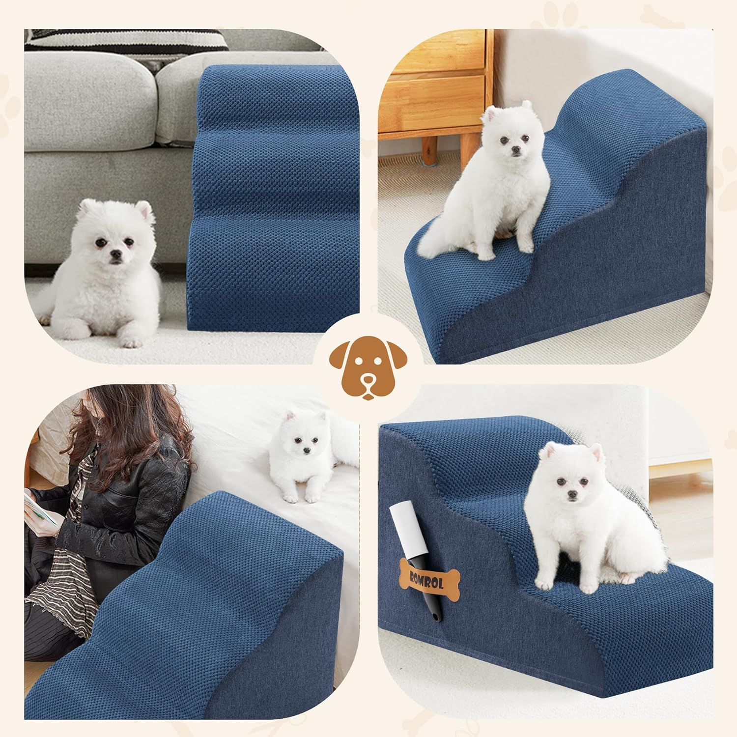 Romrol Dog Stairs Ramp for Beds Couches, Extra Wide Pet Steps with Durable Non-Slip Waterproof Fabric Cover, Pets Slope Stairs, 3-Tiers,Light-Grey, 15 Inch, Dusty Blue image number 1