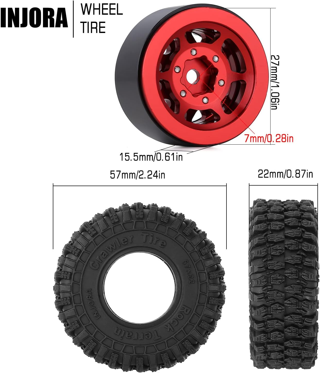 INJORA 1.0 Beadlock Wheel S5 Super Soft Sticky Crawler Tires for TRX4M Axial AX24 SCX24 FCX24 Enduro24 Upgrade, 57 * 22Mm(Red) image number 1