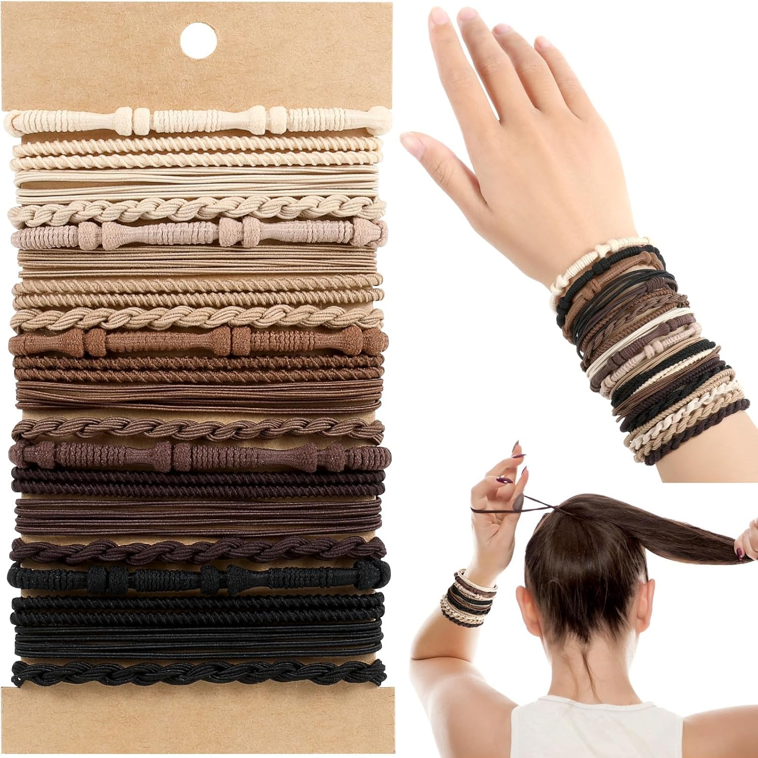 Hair Ties, 20 PCS of 4 Styles Cute Hair Bands for Thick or Thin Hair,No Damage Hair Tie Bracelets,Brown Elastic Hair Accessories for Girls and Women image number 2