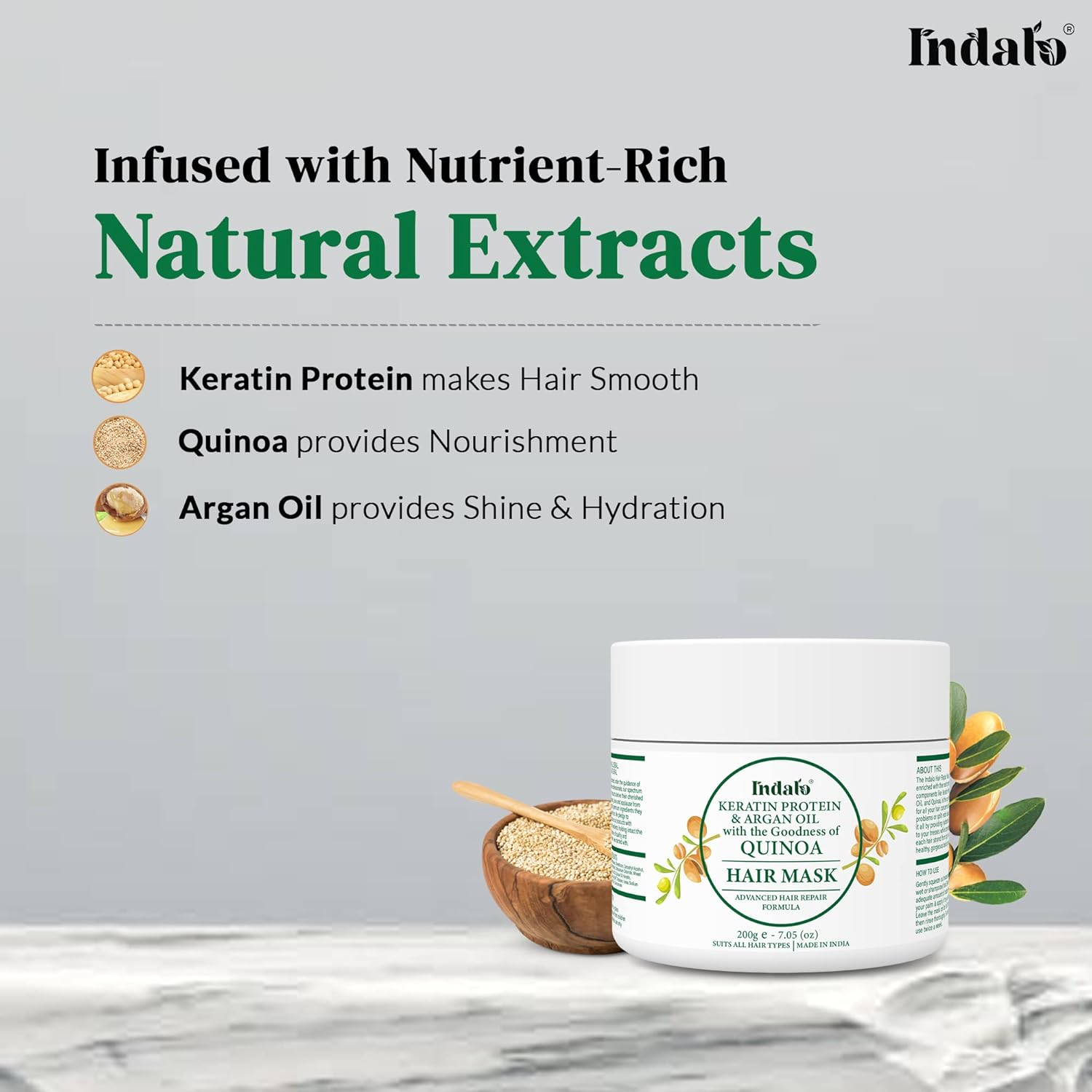 Indalo Professional Keratin Milk Protein - Collagen Argan Oil Hair Mask for Promotes Healthy, Long, Strong & Shiny Hair, Hair Growth | Quinoa Hair Mask with Keratin & Argan Oil for Women & Men(200Gm) image number 1