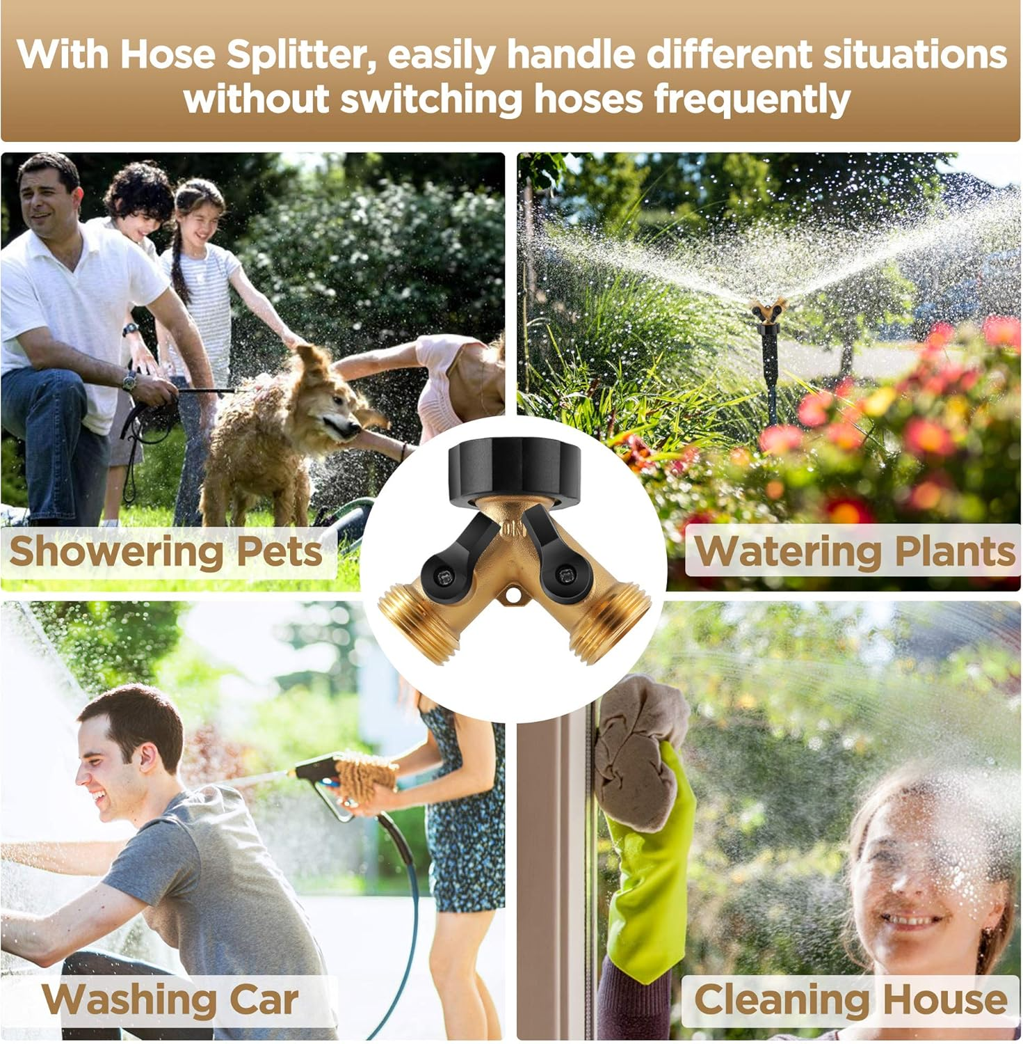 IPOW Solid Brass Body Backyard 2 Way Y Valve Garden Hose Connector Splitter Adapter + Extra 4 Rubber Hose Washers with Comfort Grip, 2 Pack image number 6