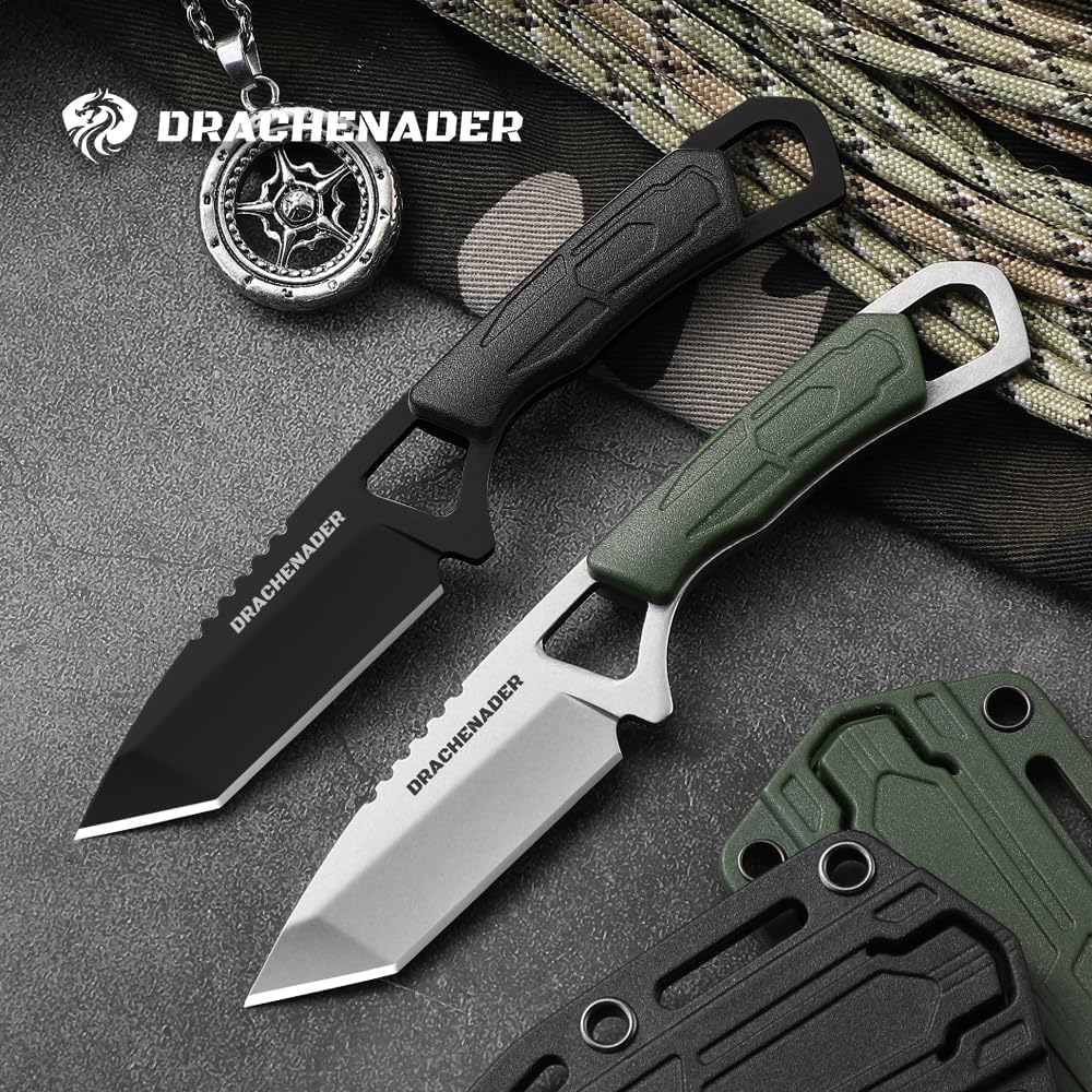 DRACHENADER Neck Knife, Tanto Small Fixed Blade Knife 5Cr13Mov Stainless Steel Neck Knife with Sheath and Necklace Plactic Mini Small Edc Knife for Men and Women, Full Black image number 5