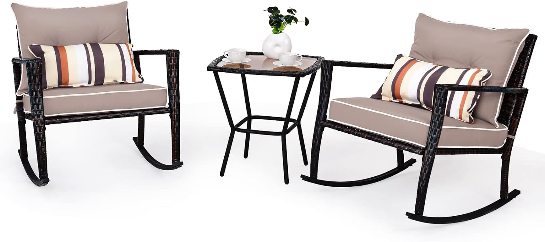 Costway 3PCS Patio Rocking Chair Set W/Lumbar Pillows, Soft Detachable Cushions, All Weather Chaise Lounge Chairs, Outdoor Rattan Wicker Bistro Set - Two Chairs & Tempered Glass Coffee Table (Brown) image number 6