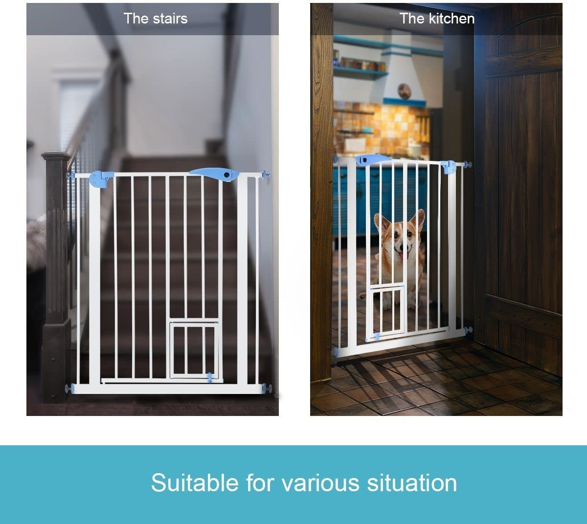 100Cm Tall Pet Safety Gate Dog Safe Fence Puppy Baby Security Stair Barrier, W/Cat Door, Adjustable Length 80-90Cm,White image number 3