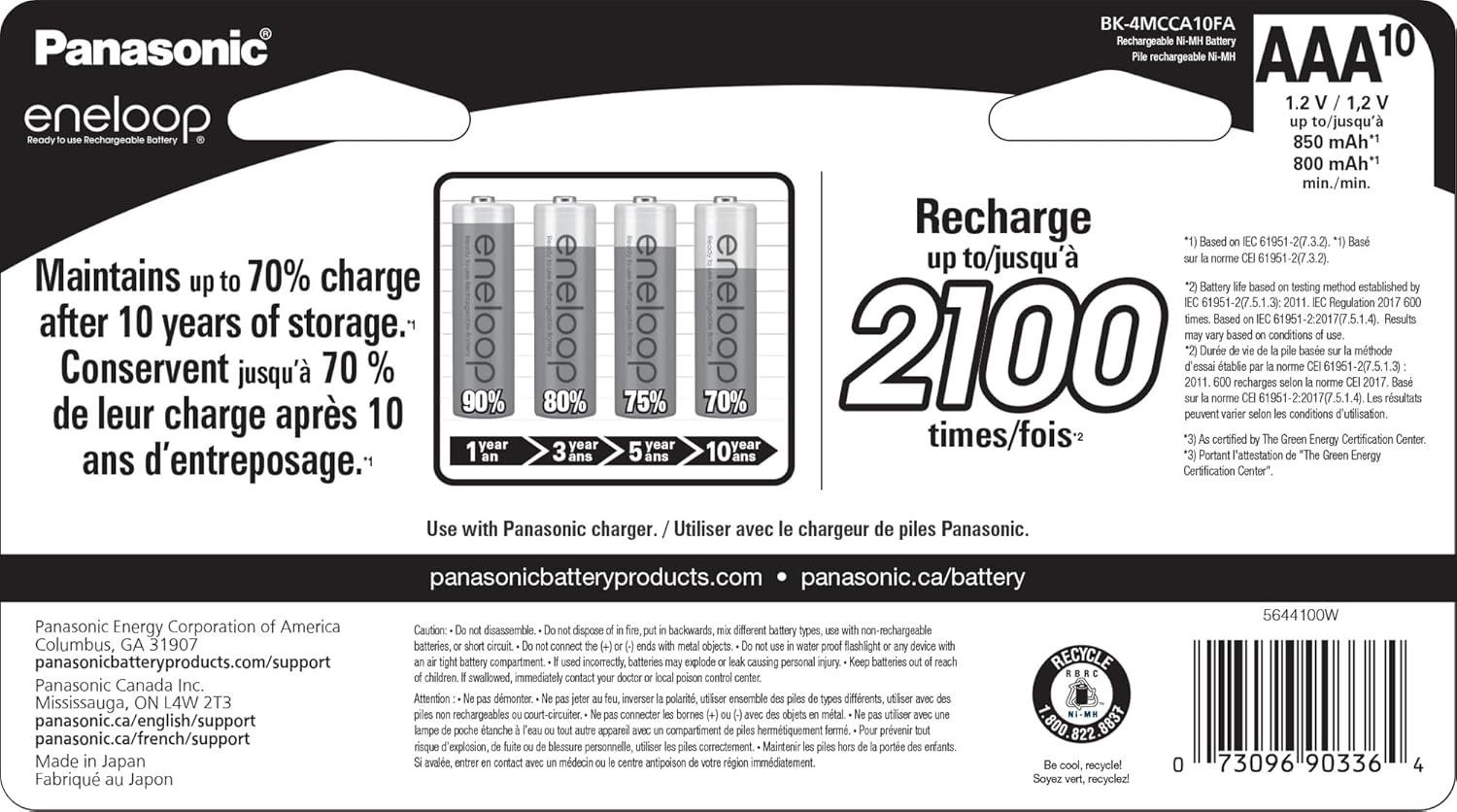 Eneloop Panasonic BK-4MCCA10FA AAA 2100 Cycles NI-MH Pre-Charged Rechargeable Batteries, 10 Batteries
