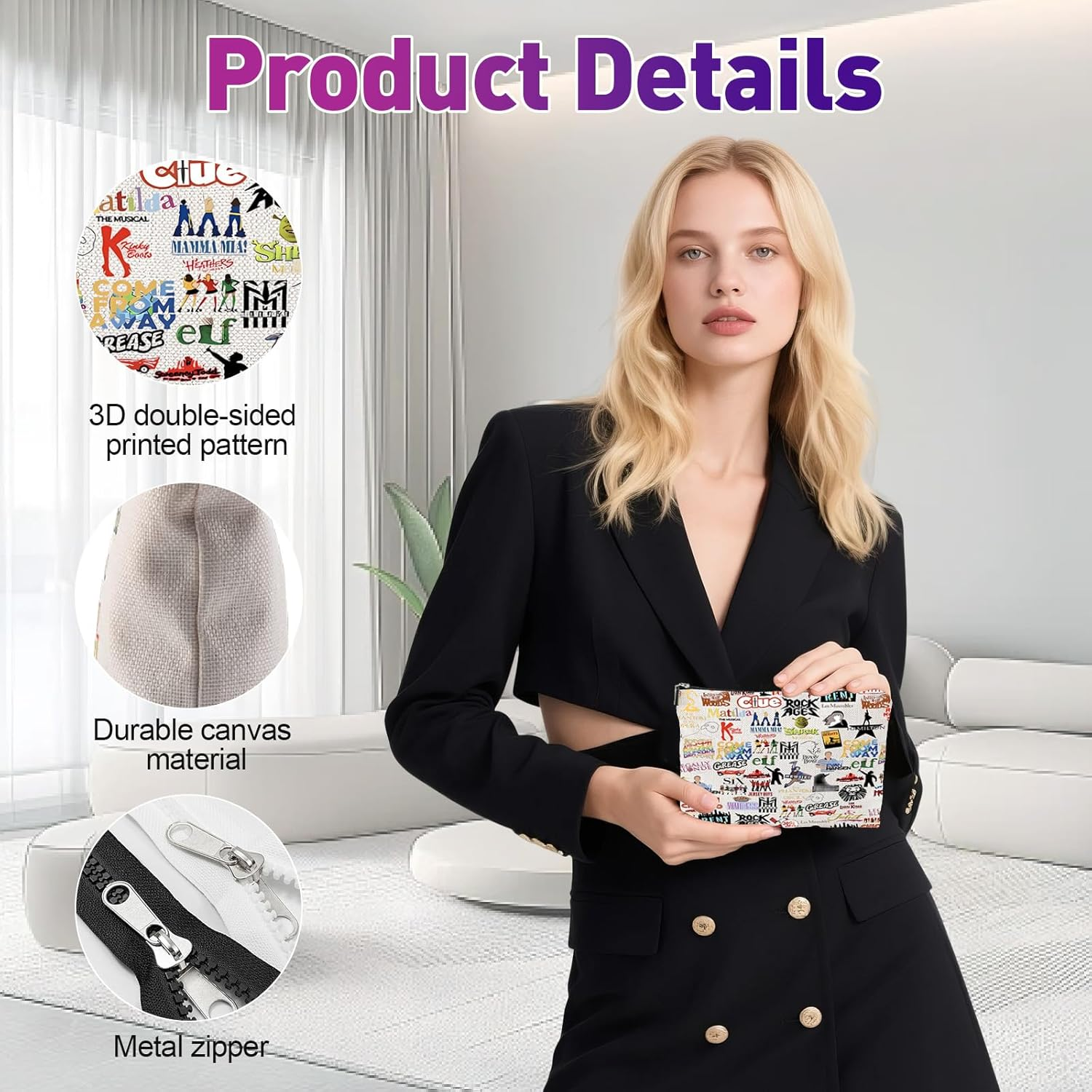 Broadway Makeup Bag Musical Theatre Gifts, Double-Sided Printing Waterproof Musical Zipper Pouch Cosmetic Bag for Women, Drama Teacher Gifts for Theatre Fans image number 6