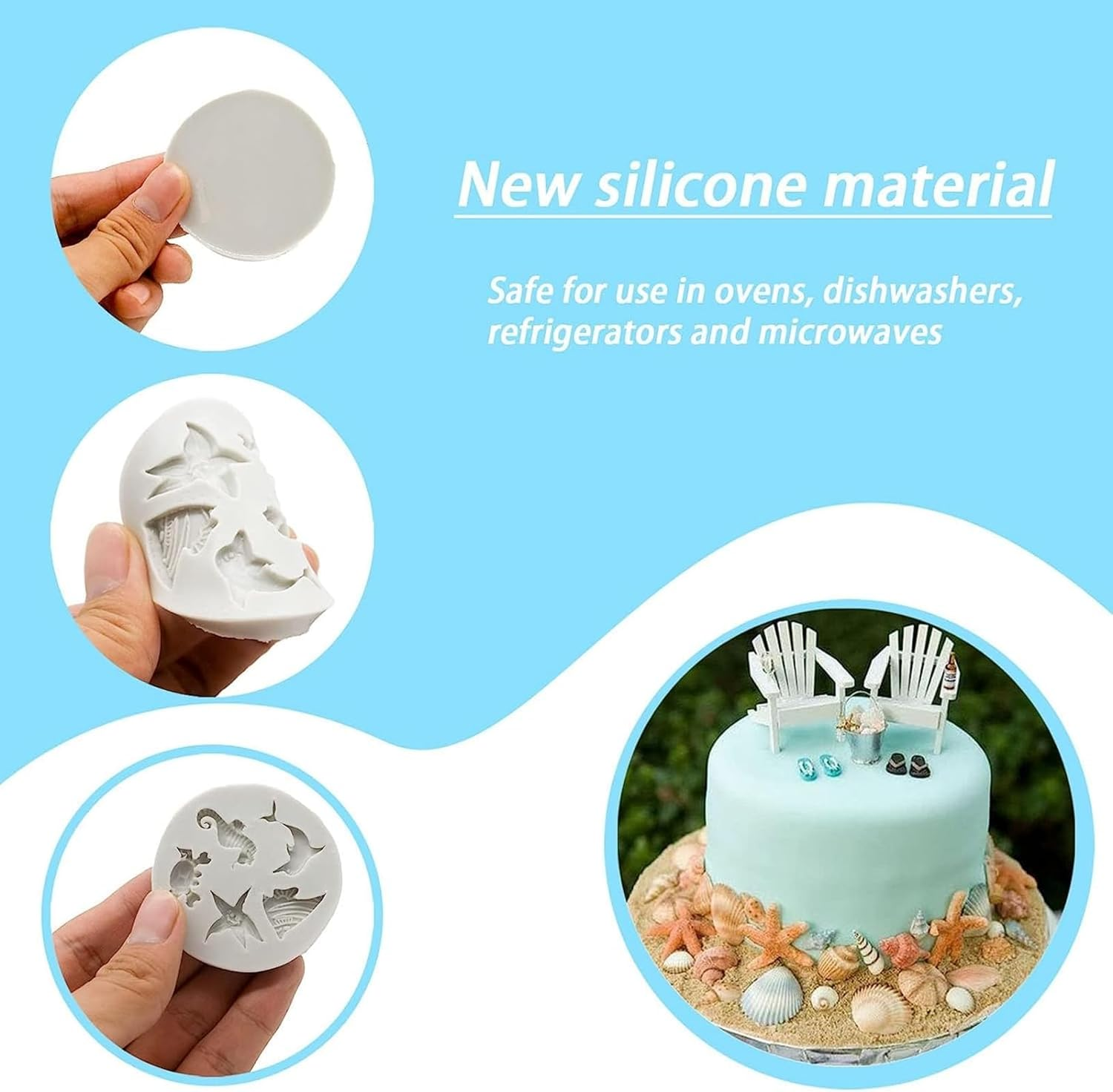 MIZOXY 4PCS Marine Theme Fondant Silicone Mold - Seaweed, Sea Fish, Crab, Coral, Conch, Sea Shells Shape - DIY Handmade Baking Tools - under the Sea Cake Mold image number 2