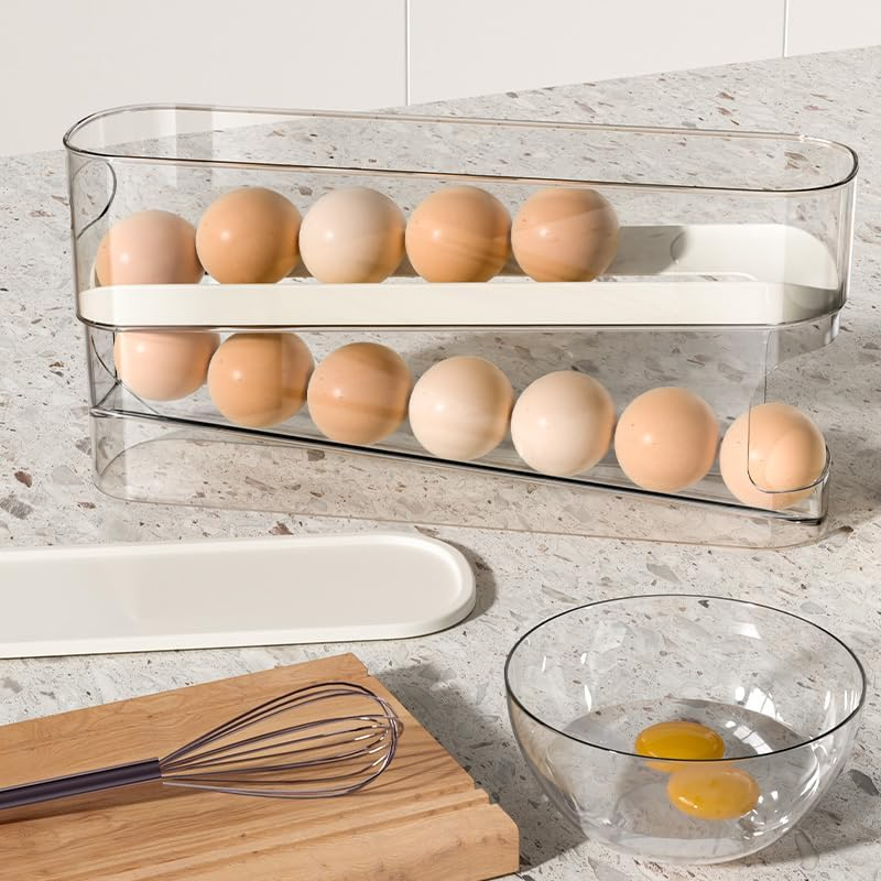 Egg Holder for Fridge, Automatic Rolling Egg Container for Refrigerator, Stackable Fridge Organizers and Storage with Lid, Clear Plastic Egg Dispenser & Tray image number 3