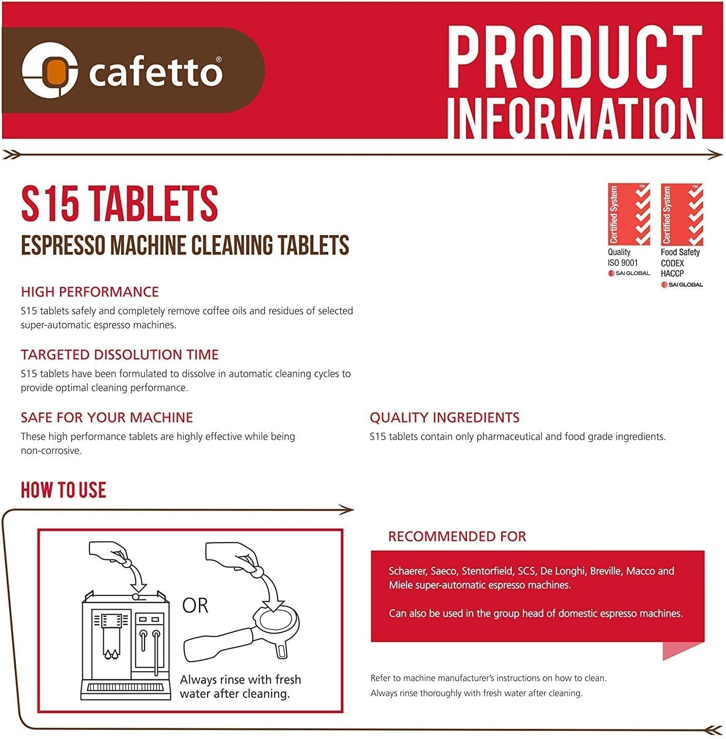 Cafetto S15 Cleaning Tablets 100-Pieces X 1.5 G