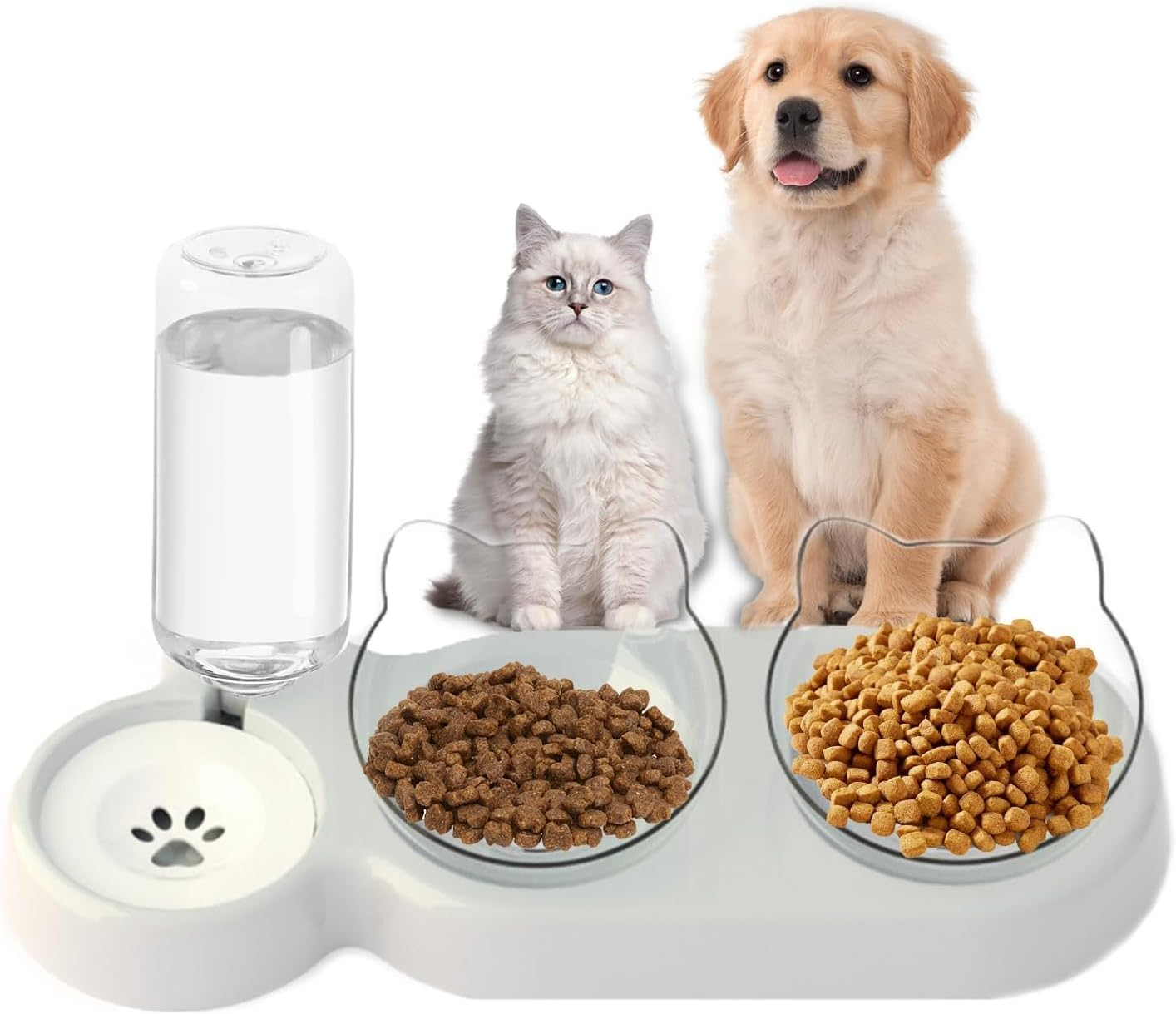 3-In-1 Cat Feeding Bowl Set, Double Bowl with Water Dispenser, Feeding Bowl for Cats and Small Dogs (Grey Base, Transparent Bowl) image number 2