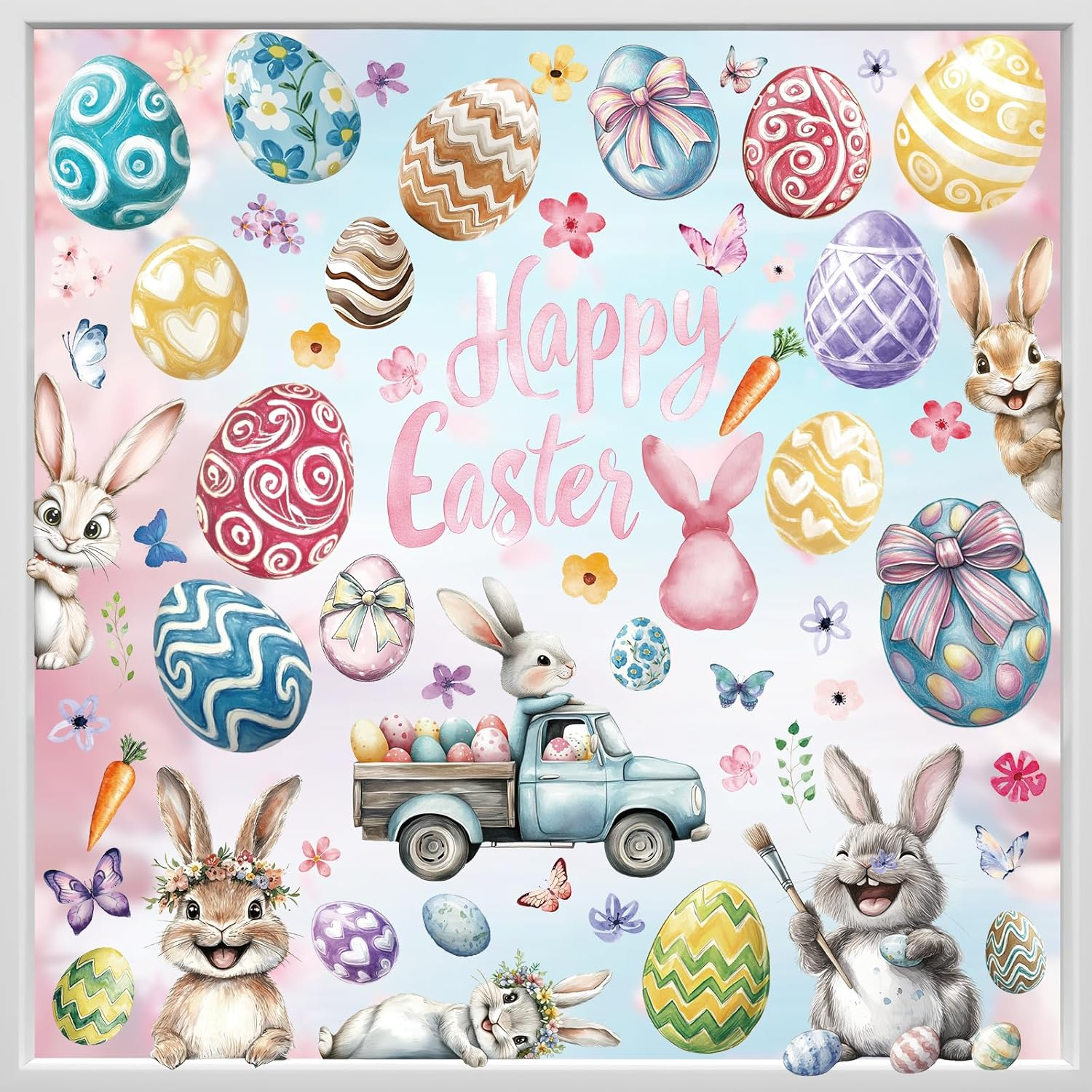Hianjoo 118 PCS Easter Window Cling, 9 Sheets Easterday Bunny Window Stickers PVC Static Painting Style Sticker with Cute Rabbit Eggs Carrot Car Happy Easter, Flower Butterfly for Festival Decoration