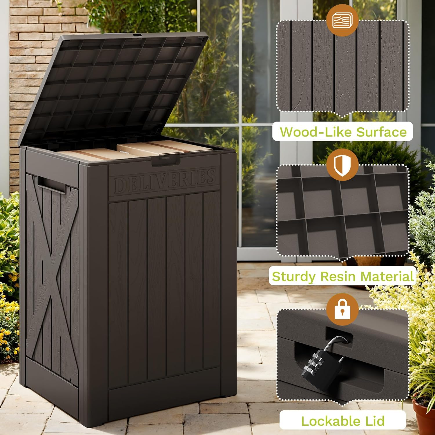 182L Lockable Outdoor Package Delivery Box, Waterproof Deck Storage Box PP Material, for Porch & Backyard (Brown) image number 3