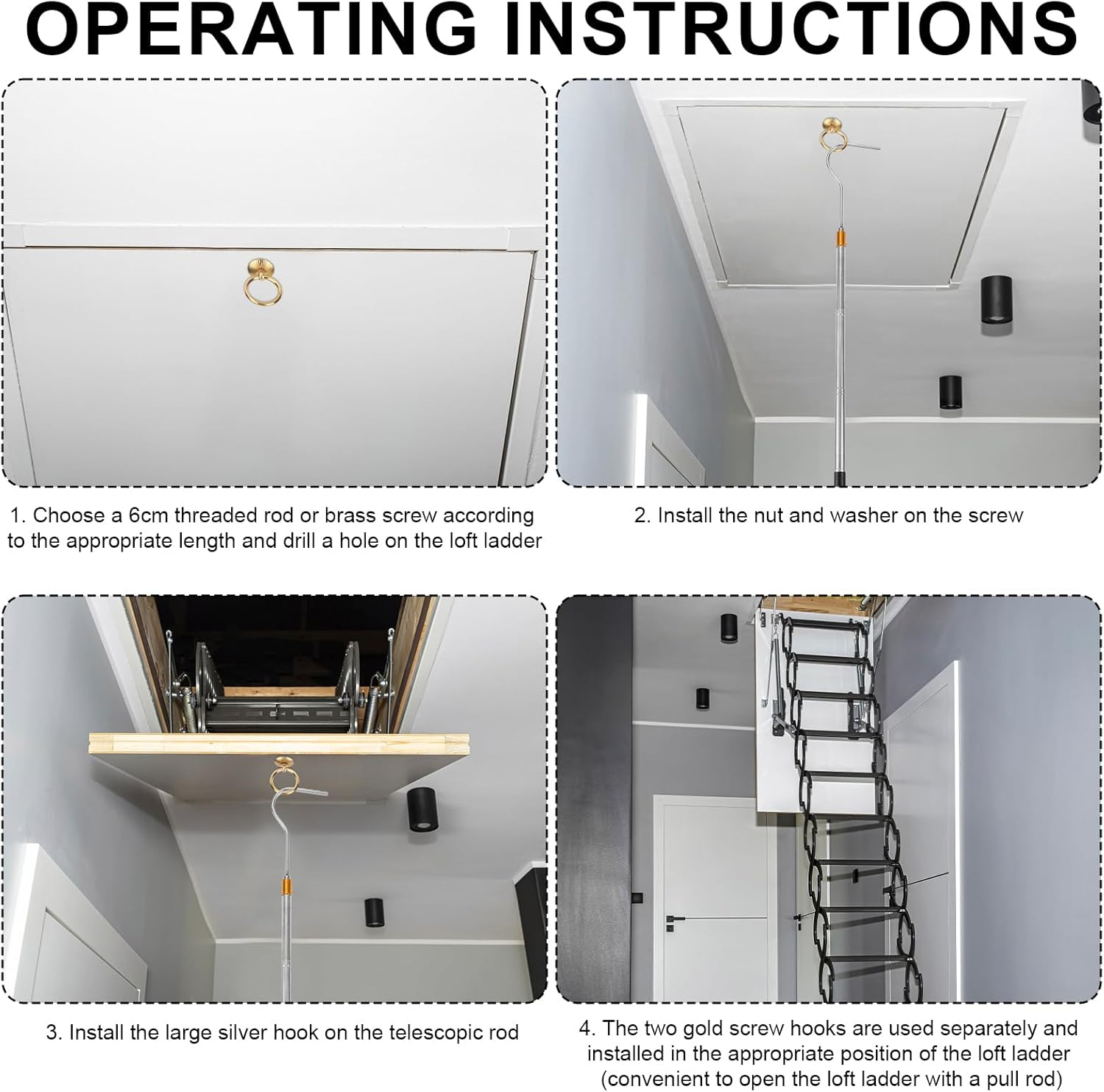 Ladder Pull down System Kit, Practical Attic Ladder Pull down System Kit with up to 64In Retractable Tie Rod with Hook M4 Screw Screw Nut Attic Ladder Tools and Accessories image number 1