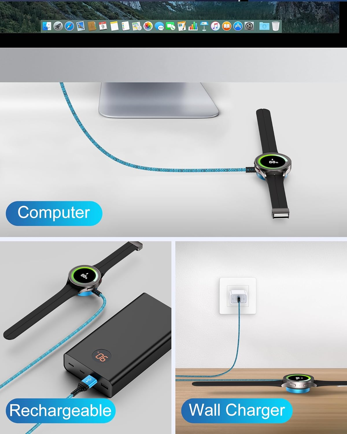 For Galaxy Watch 8 Smart Watch Charger Compatible with Galaxy Watch 7/ Ultra/ 6 Classic/ 5 Pro/Fe, Nylon Braided Magnetic Charging Dock with USB-C Charging Cable for Samsung Galaxy (Blue) image number 5