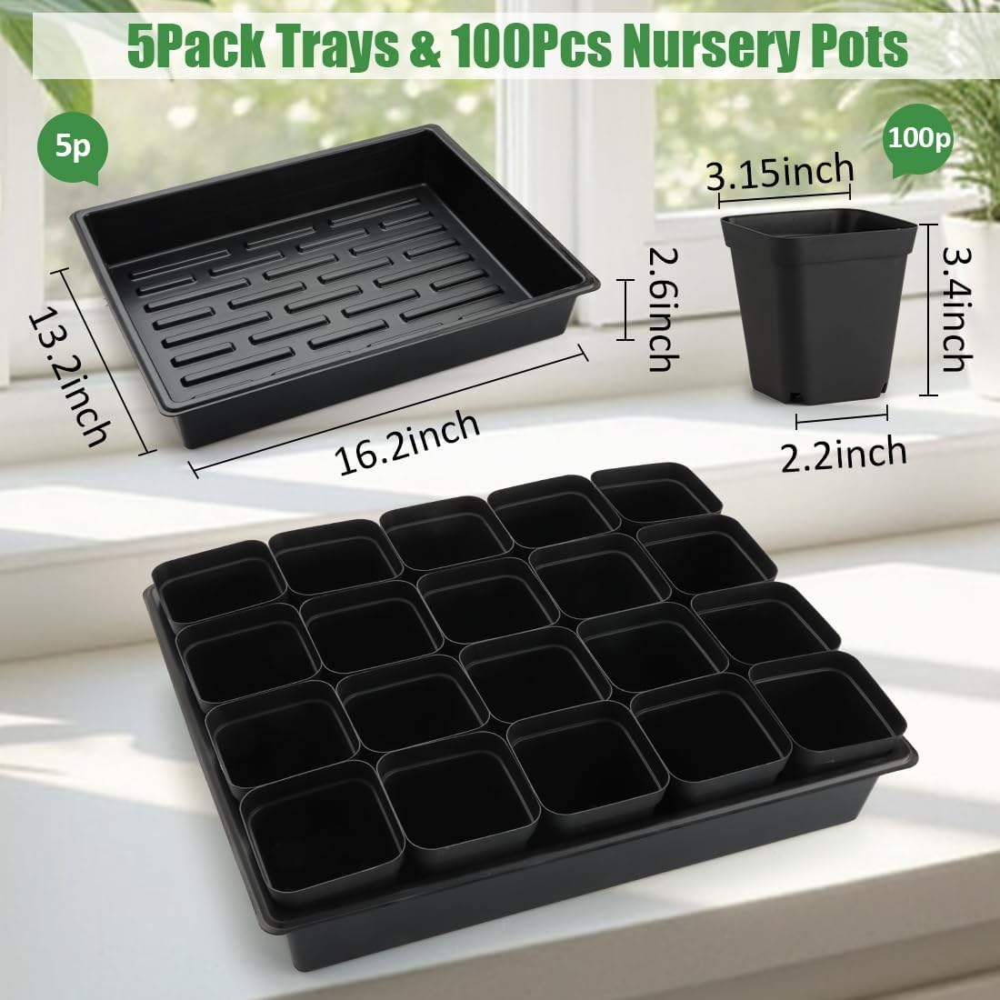 3.15 Inch (8CM) Square Nursery Pots 100 Pcs, Sturdy Seedlings Trays 5 Pcs, Seeds Starter Germination Tray, Microgreening Planter Nursery Propagation 5 Sets image number 1