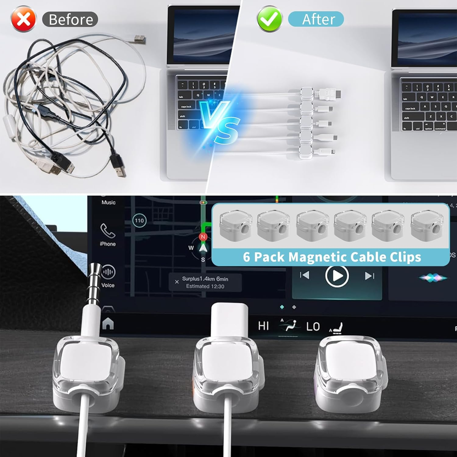 6 Pack Magnetic Cable Clips, Adhesive Cable Organize, Cord Management Holder, under Desk Cord Tidy Clips, Phone Wire Keeper, USB Charger Cable Holder for Nightstand Kitchen Appliances Car Office (WH) image number 1