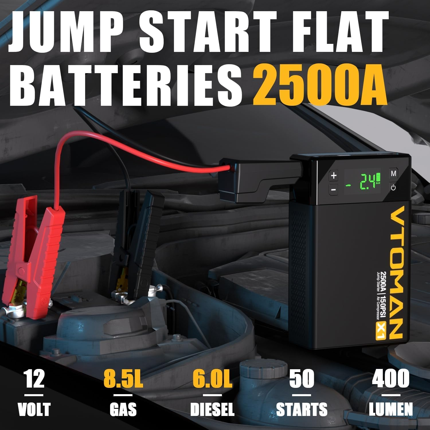 VTOMAN X1 Jump Starter with Air Compressor, 2500A Portable Battery Booster (Up to 8.5L Gas/6L Diesel Engines) with 150PSI Digital Tire Inflator, 12V Power Pack Car Jump Box Charger with LCD Display image number 4