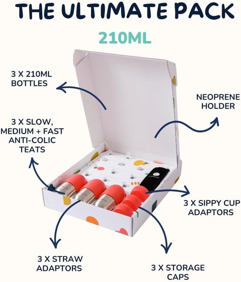 Lion & Lady Australia Baby Feeding Bottle Set - 210Ml 18/8 Stainless Steel 3 Pack W/ Anti-Colic Teats, Sippy & Straw Adaptors for Newborn to Toddler | Baby & Toddler Feeding Supplies (Fuchsia Pink)