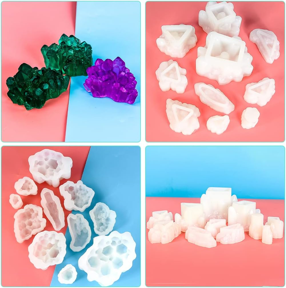 Fineinno 11 PCS Crystal Cluster Molds Set Quartz Rock Silicone Resin Mould Crystal Column Icicle Iceberg Epoxy Resin Molds with Different Shapes for Making Epoxy Druzy Stone, Rocks, Gems