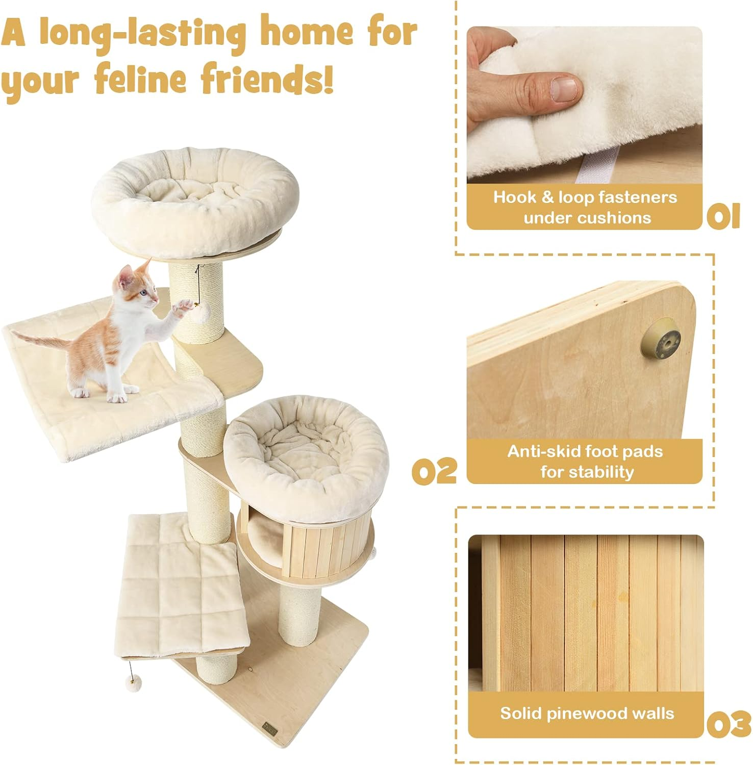 Wood Cat Tree for Indoor Cats, Tall Modern Cat Tower W/Sisal Scratching Posts, Condo, Padded Perch, Hammock, Napping Bed, Dangling Ball, Multi-Level Pet Furniture Kitty Activity Center