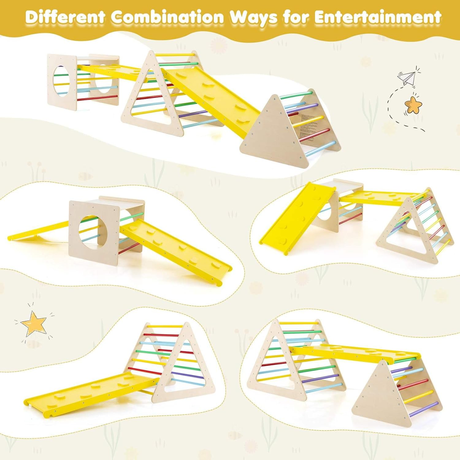 HONEY JOY 5 in 1 Triangle Climber with 2 Ramp, Wooden Climbing Toys for Toddlers, Multi-Combination Play Methods, Kids Montessori Play Gym Set Playground Climbing Ladder for Boys Girls image number 2