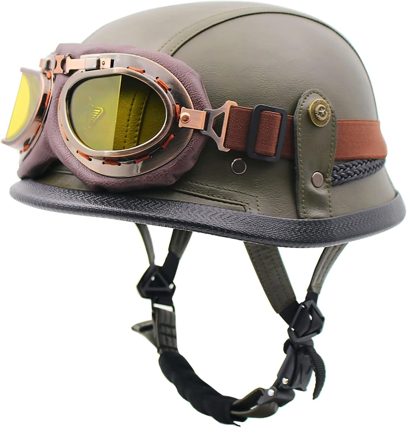 Leather Half Helmet with Yellow Goggles Vintage Motorcycle Half Shell Helmet Removable and Washable Liner Motorcycle Helmet for Adults Men Women DOT/ECE Approved