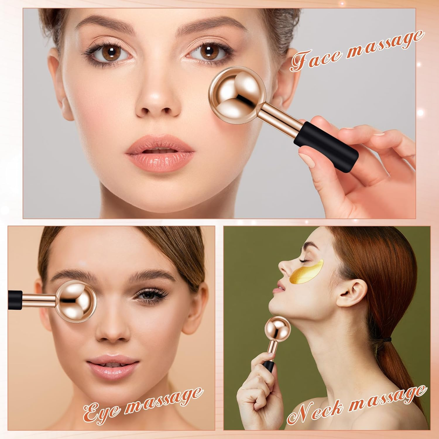 Baderke 2 Pcs Ice Globes for Facials Stainless Steel Cooling Globes Unbreakable Cooling Roller for Women Ice Balls Cryo Sticks for Face Skin Care for Dark Circles, Puffiness (Rose Gold (Black Handle))