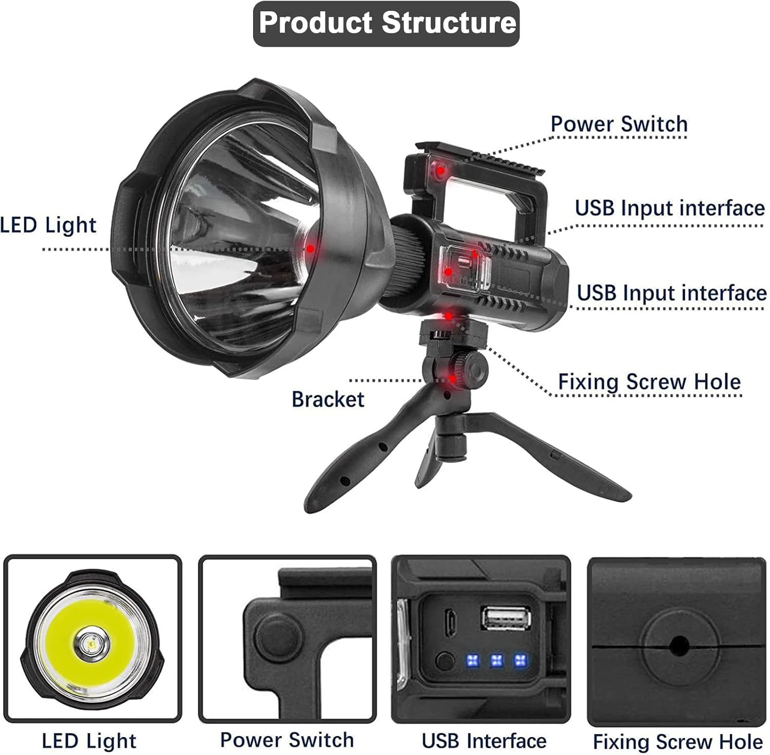 Rechargeable Spotlight Flashlight High Lumens, 90000 Lumens Super Bright Led Searchlight with Tripod and USB Output, IPX5 Waterproof 4 Modes Handheld Spotlight for Camping Emergencies image number 4