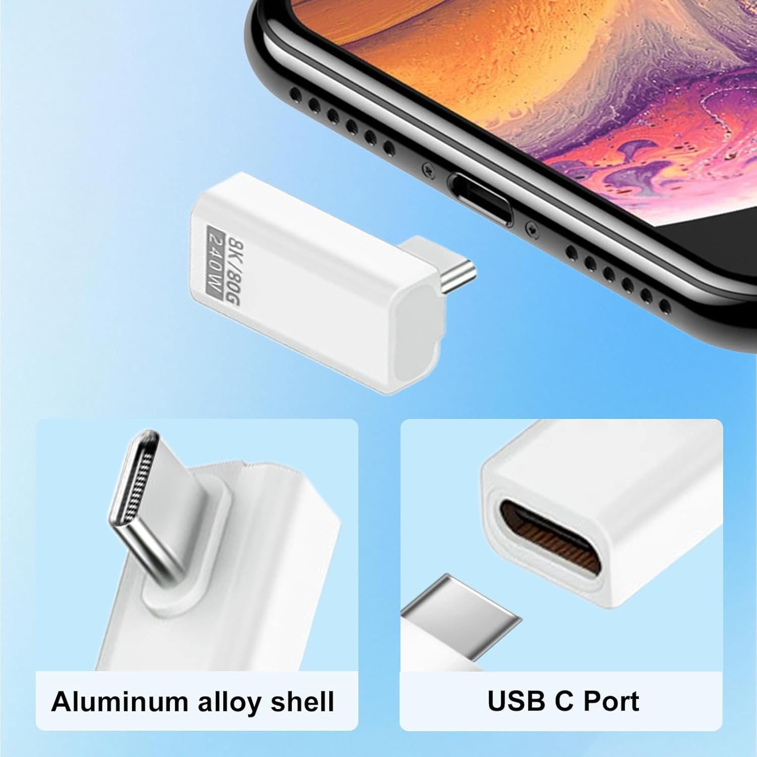 Danfetsoy 90 Degree USB-C Male to Female Adapter 80Gbps, 90 Degree 240W Type-C Adapter Extender for Macbook, Laptop, Tablet, VR, Camera, Smartphone, Etc(White 2Pack) image number 3