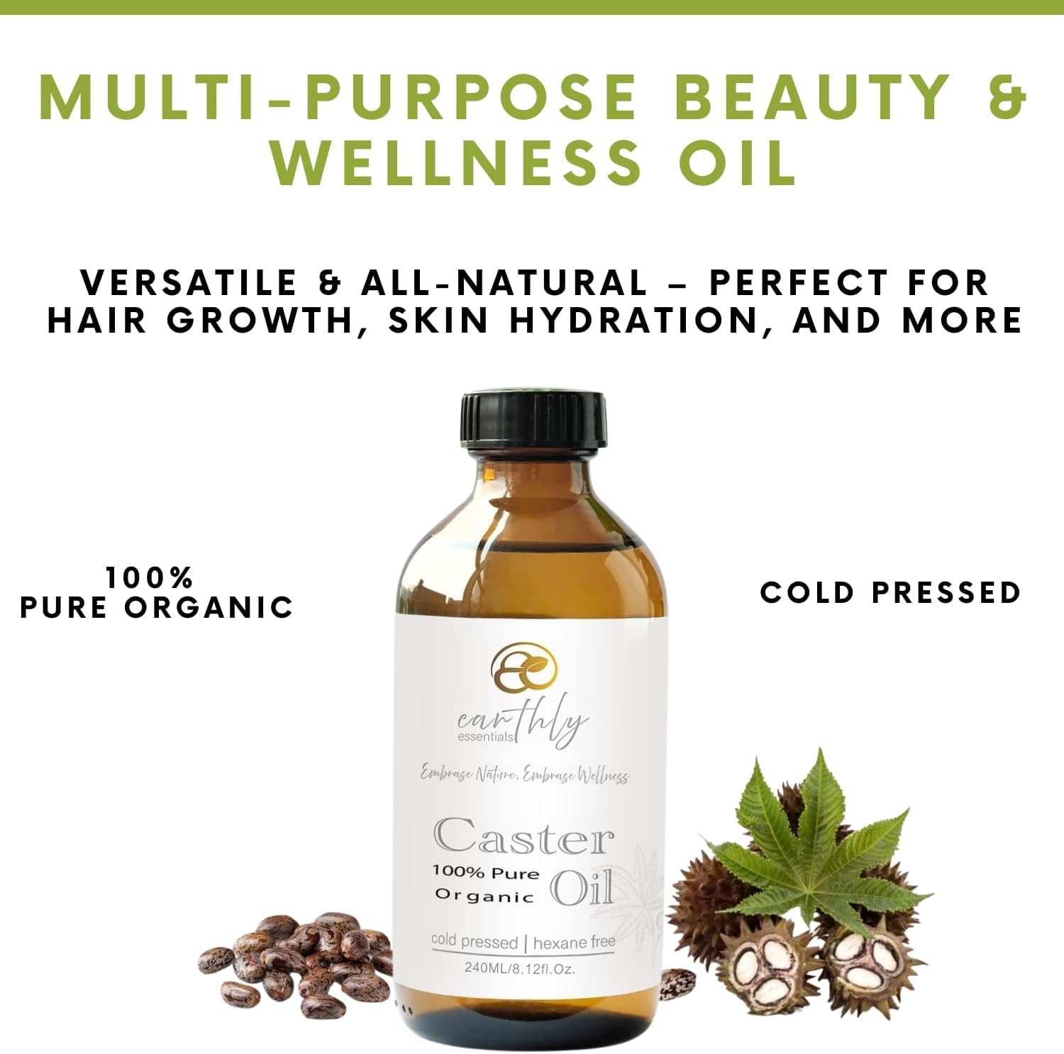 100% Pure Castor Oil &ndash; 240Ml Cold-Pressed in Glass Bottle with Pump | Organic & Hexane-Free for Hair Growth, Scalp Care, Skin Hydration, Eyelashes, Brows & Nails image number 6