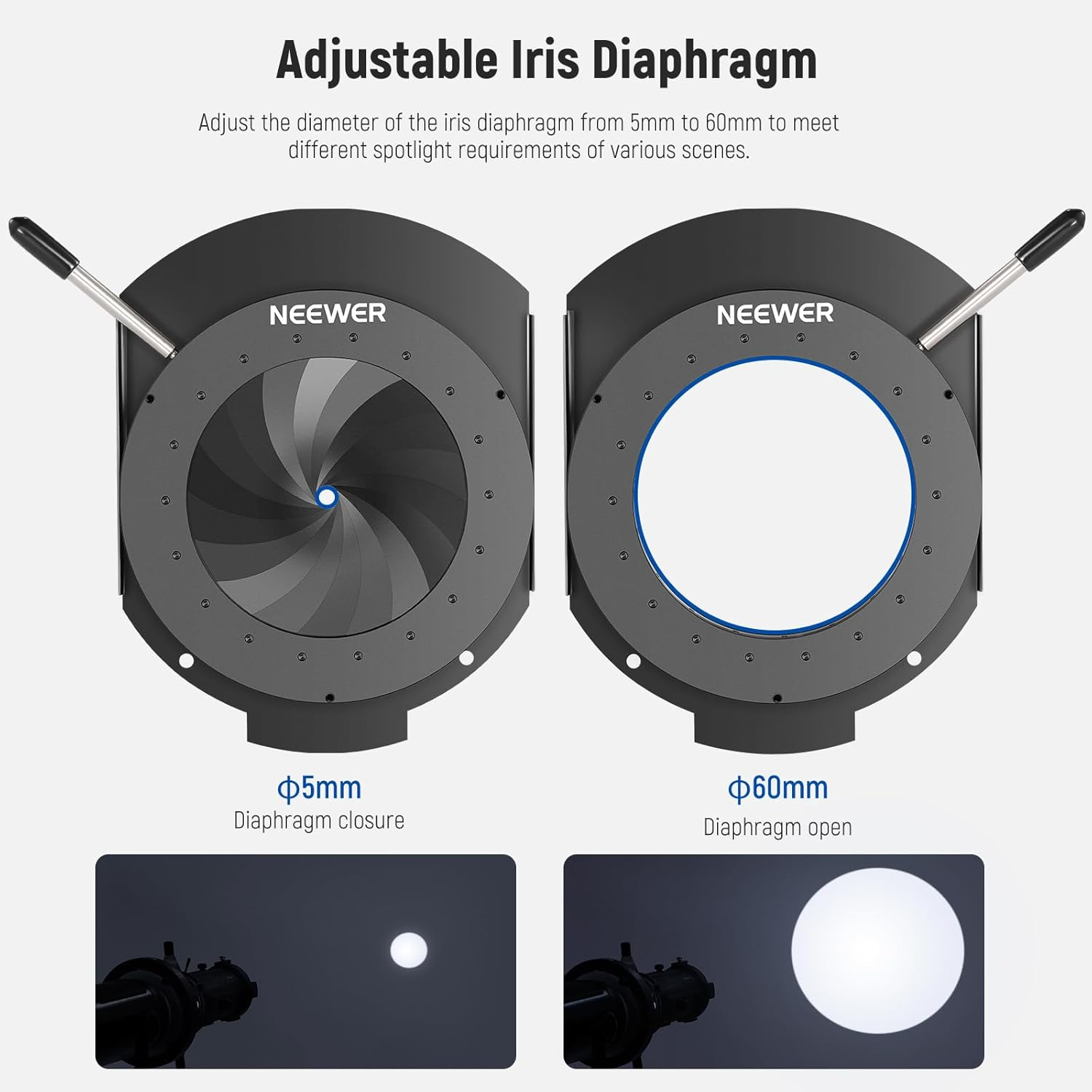 NEEWER Spotlight Mount Iris for NEEWER LS-39/LS-38/LS-48 Spotlight Snoot, 5-60Mm Aperture Diaphragm Adjustable Mount Control Optical Diaphragm Lens Accessory, High Temp Resistant Manganese Steel, CSS2 image number 3