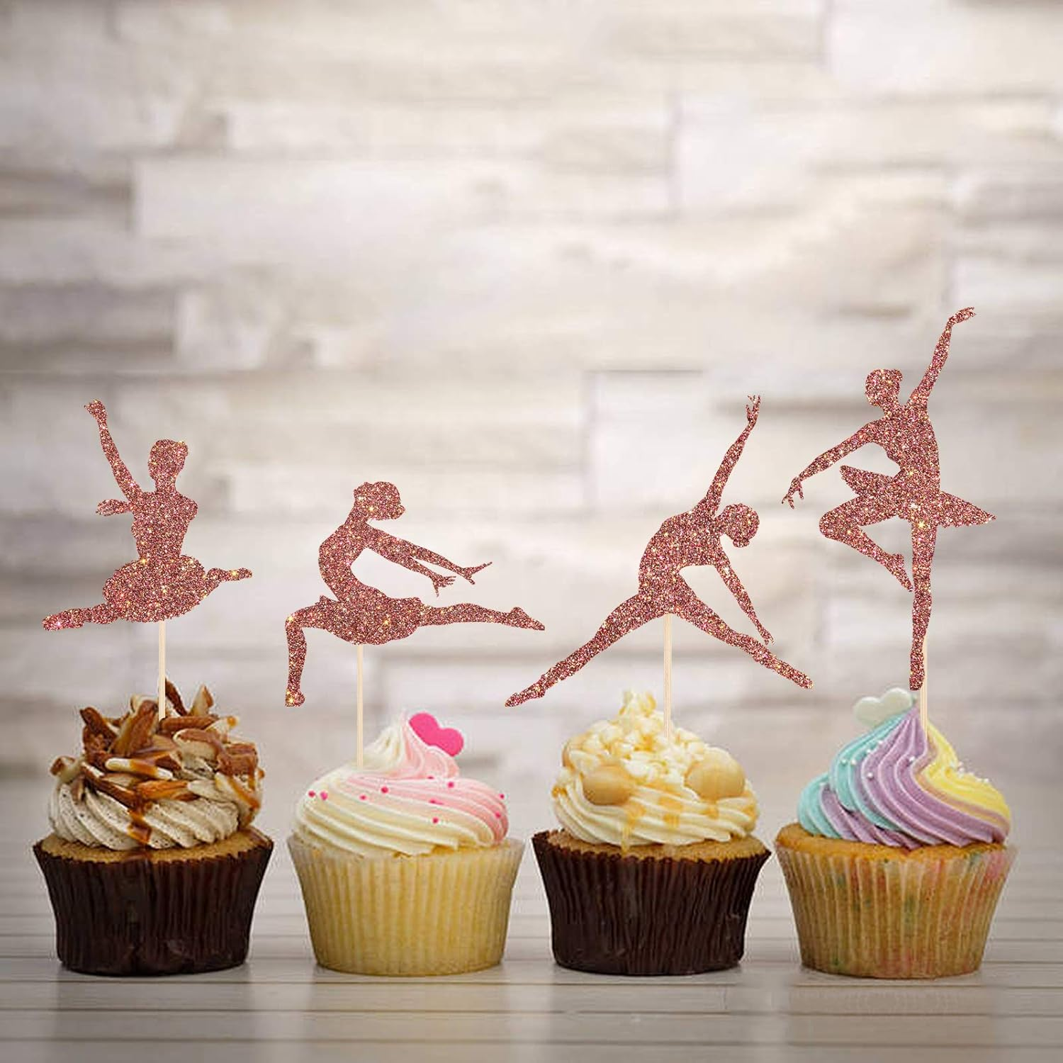 Monmon & Craft 24 Pcs Ballerina Cupcake Toppers for Girl Birthday / Welcome Baby Girl / Girl'S 1St Birthday Party Cake Decorations / Rose Gold Glitter Ballet Girl Cupcake Toppers