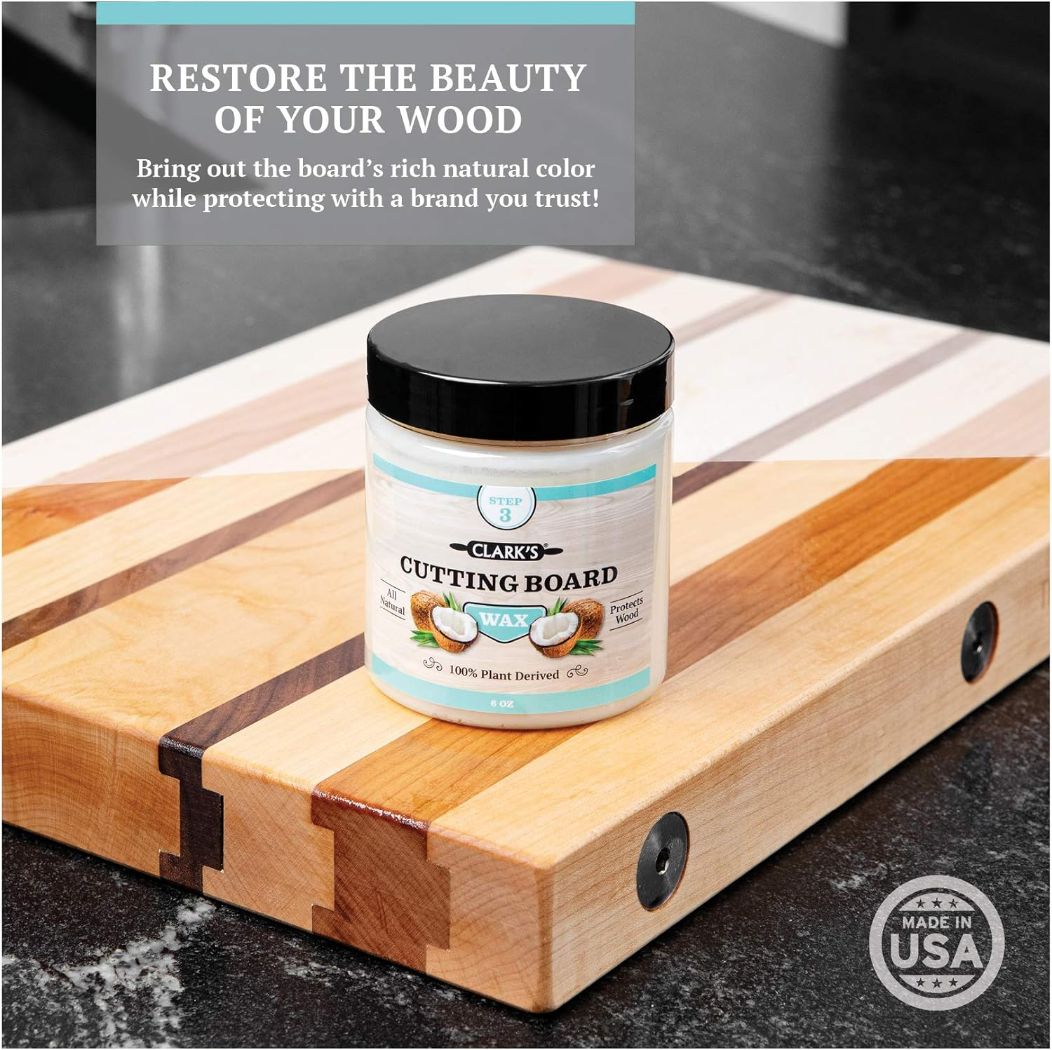 CLARK'S Cutting Board Care Kit with Coconut Oil - Includes Wax, Soap, Scrub Brush, Buffing Pad, and Applicator - for Kitchen Countertops, Butcher Blocks, Wooden Bowls and Utensils - Food Safe image number 2