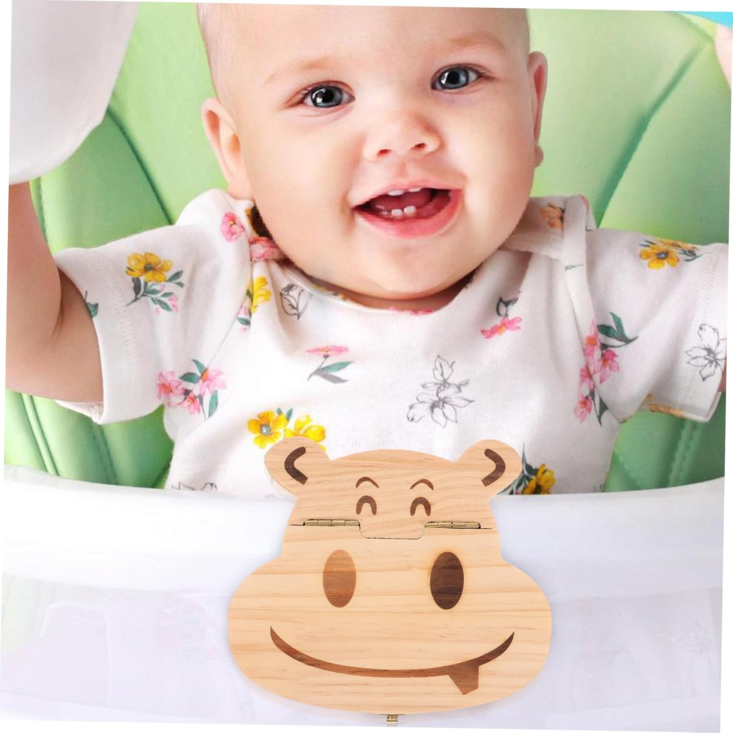 PRETYZOOM Baby Teeth Box and Fetal Hair Saver Wooden Keepsake Organizer Cartoon Hippo Design for Newborns and Children Tooth Storage Souvenir image number 2
