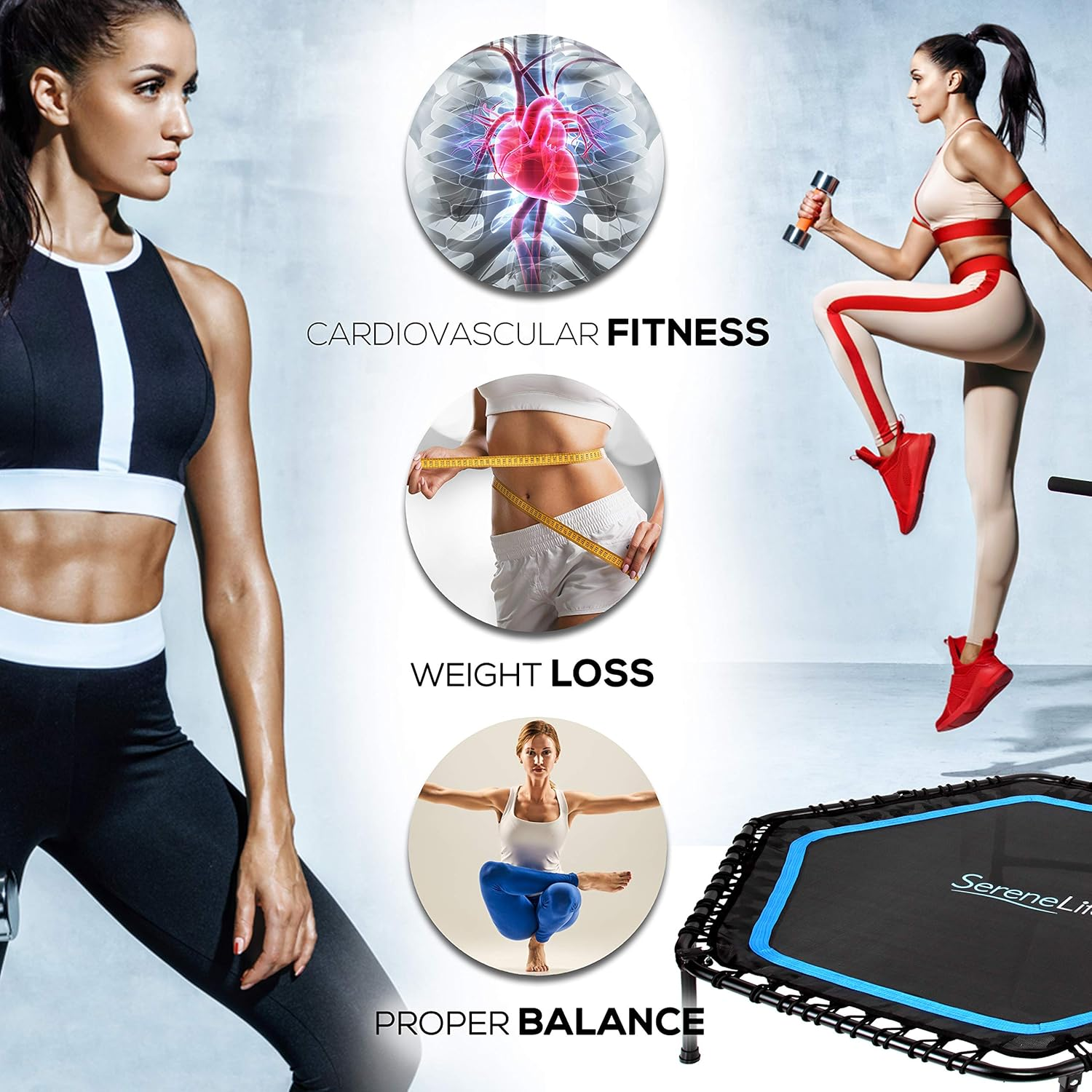 Serenelife 48" Mini Trampoline Rebounder, Portable and Foldable Fitness Trampoline, Suitable for Adults and Kids, Perfect for Indoor/Outdoor Workout image number 1