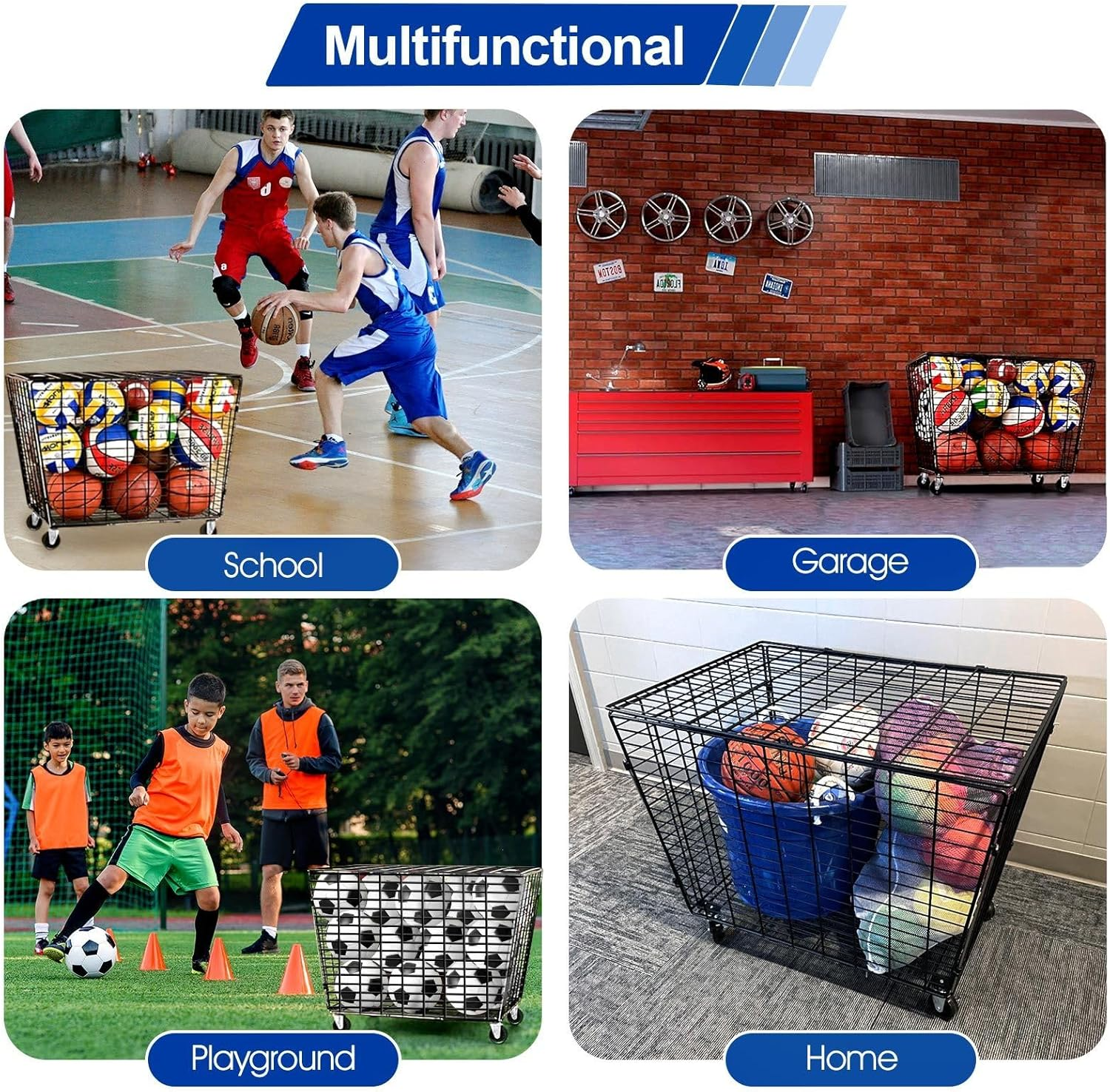 Genki Large Sports Ball Storage Cart Lockable Bin Cage Sports Equipment Organiser for Basketball Football Toys Holder Rack Garage Gym