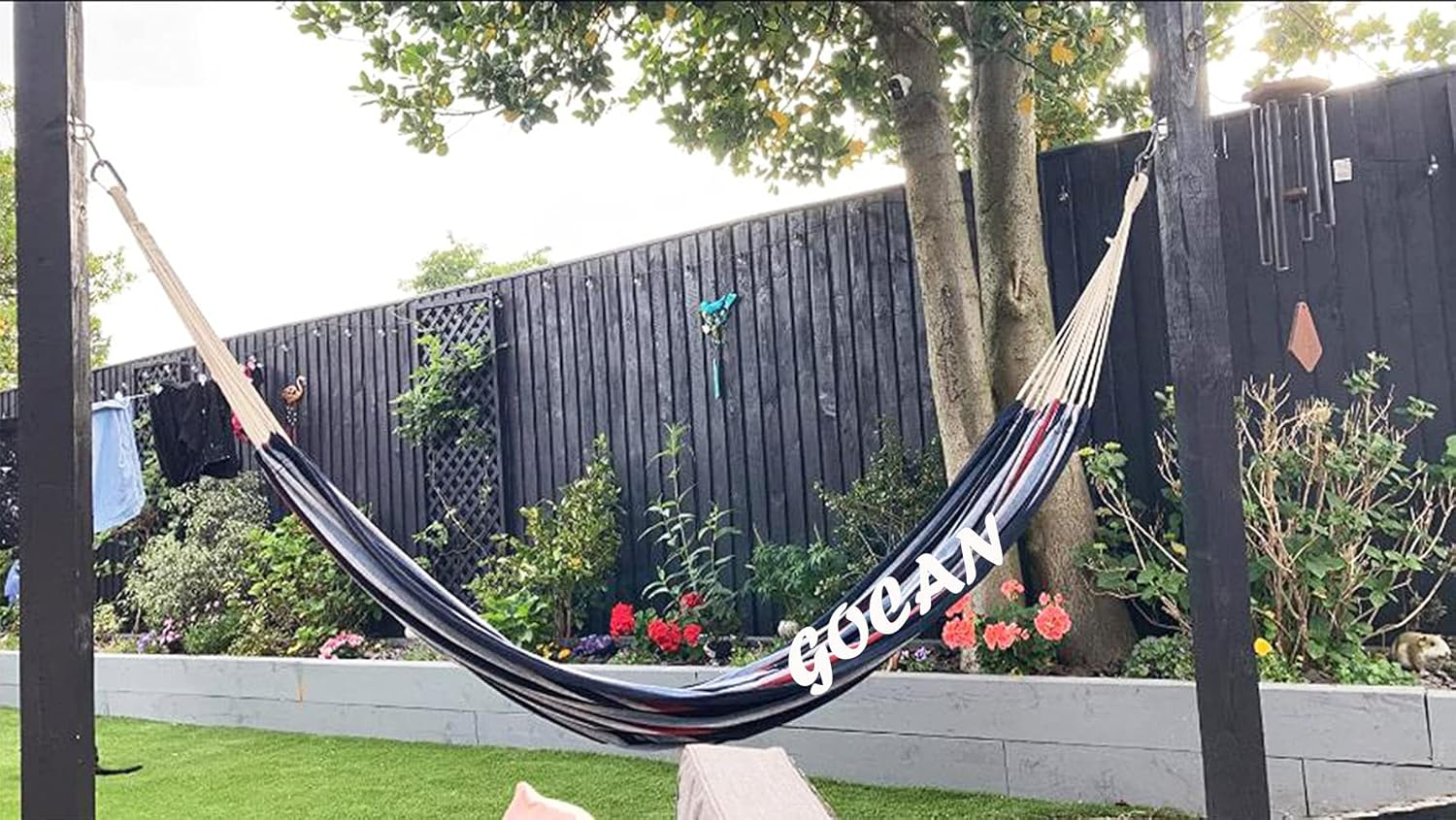 GOCAN Brazilian Double Hammock 2 Person Extra Large 220X160Cm Total Length 330Cm Load 500Lb Canvas Cotton Hammock for Patio Porch Garden Backyard Lounging Outdoor and Indoor(Dark Blue) image number 3