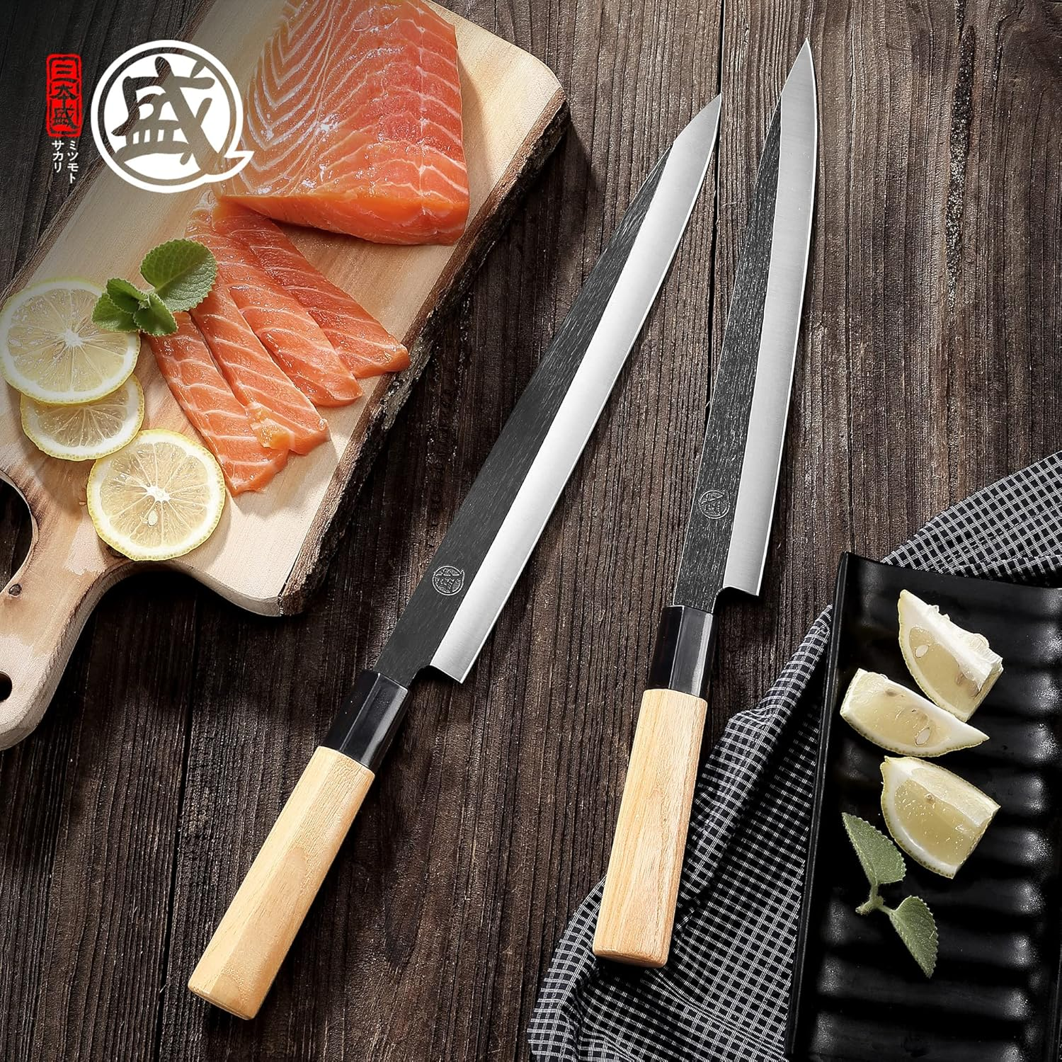 MITSUMOTO SAKARI 24 Cm Japanese Knife, Tungsten Alloy Kitchen Chef Knife, Professional Hand Forged Sashimi Knife Sushi Knife (Fraxinus Mandshurica Handle & Paper Box Package)