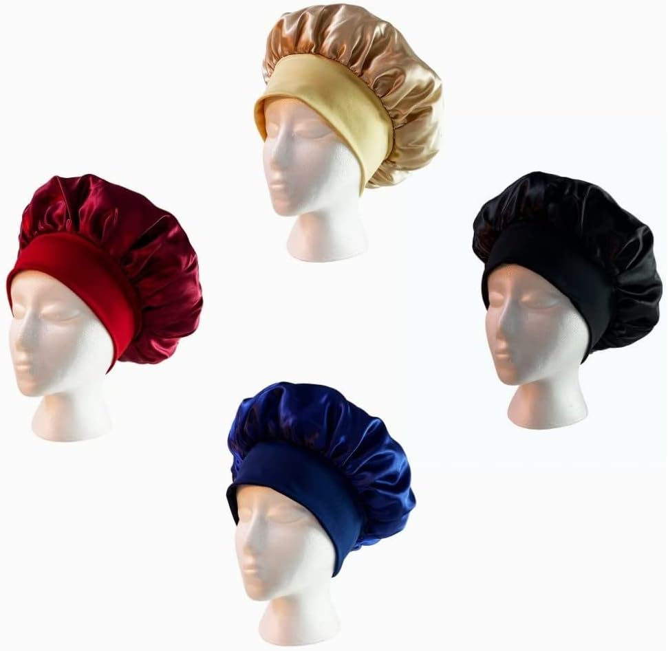 DACUAN Satin Nightcap, 4-Piece Silk Nightcap, Large Reversible, Suitable for Female Curls, Natural Hair Color, Silk Hair Bag, Suitable for Long Hair image number 2