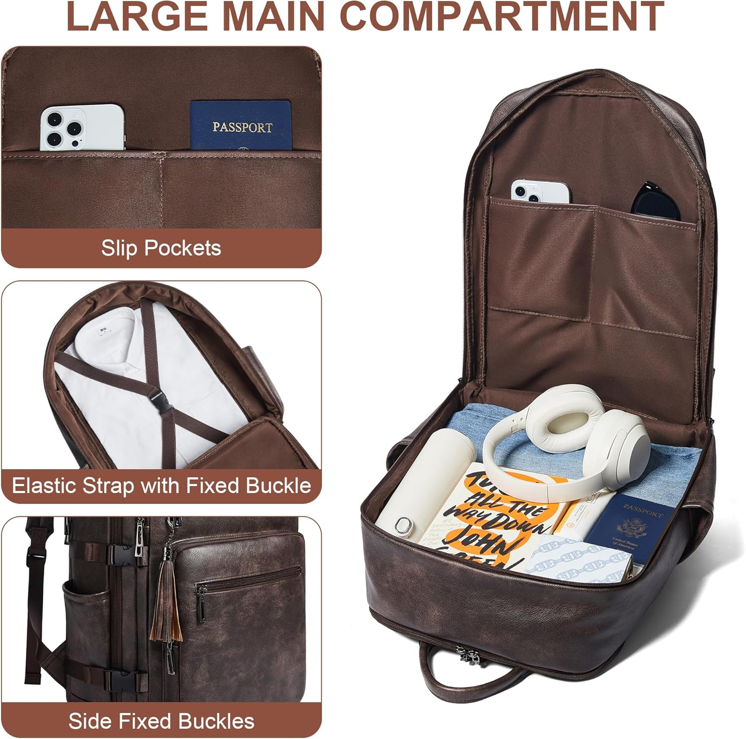 Shrrie Laptop Backpack for Women,Vegan Leather Backpack Work Computer Backpacks Fits 16" Laptop,Water Resistant Teacher Nurse Casual Daypack for Weekender Camping Travel,Beige with Brown image number 6